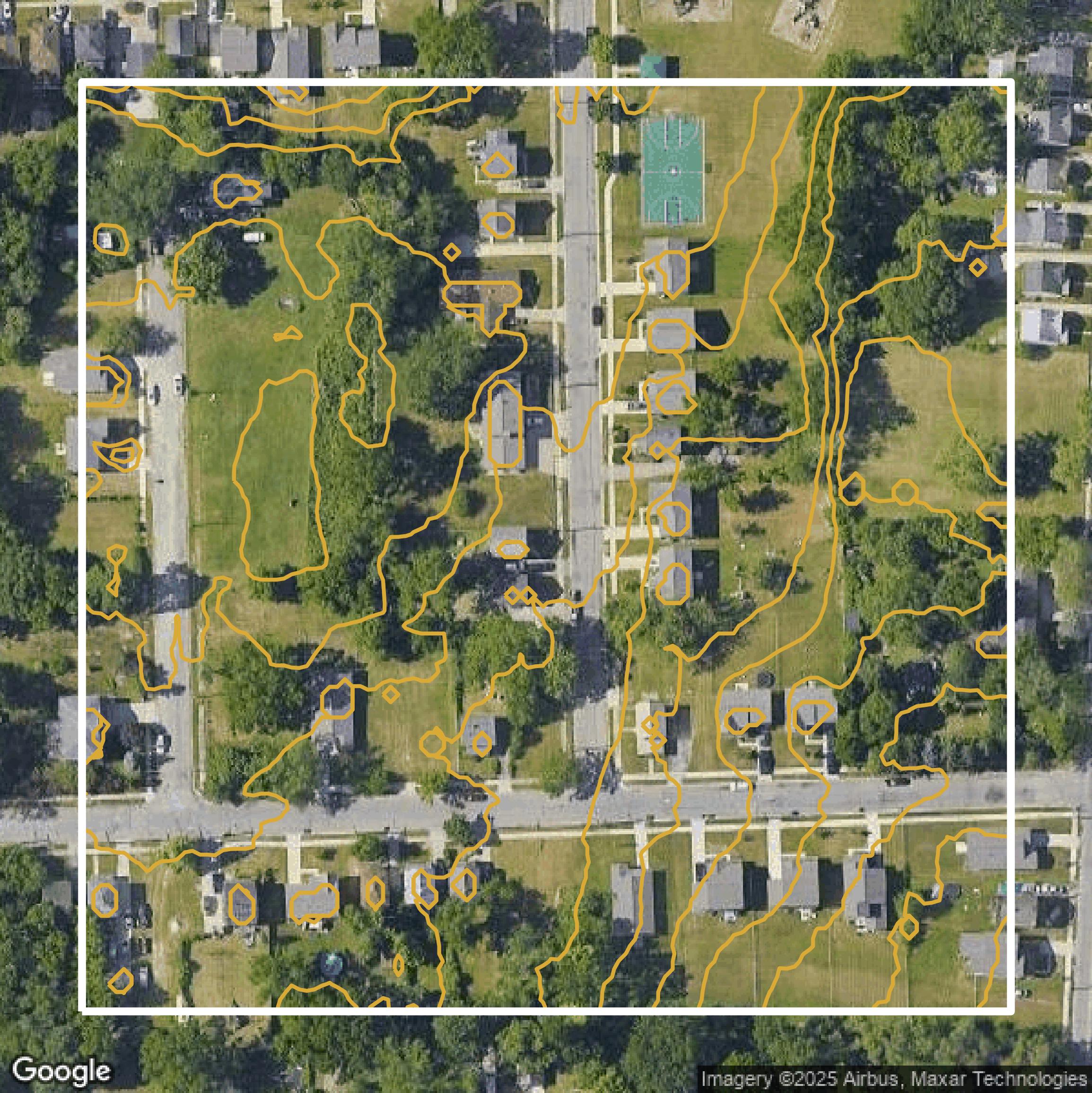 This image shows a contour map in Oakland County created using GIS data in Equator.