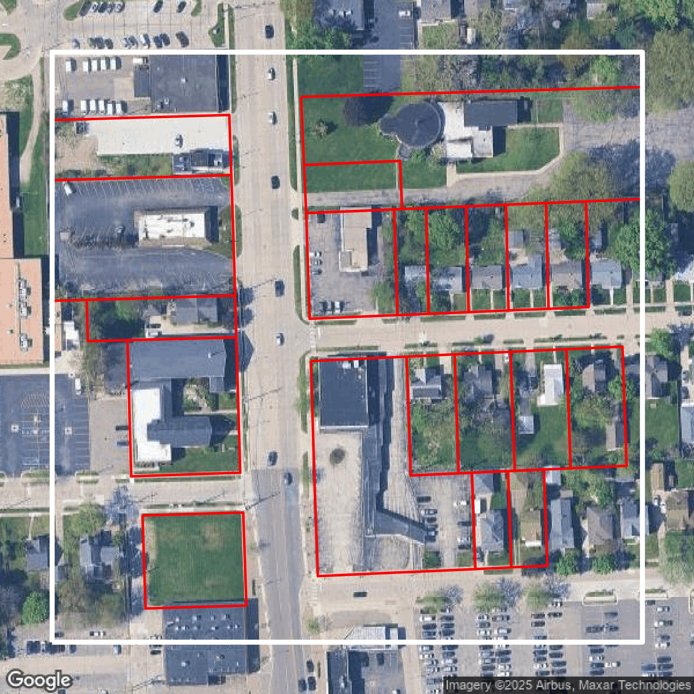 This image shows parcel and building data in Oakland County created using GIS data in Equator.