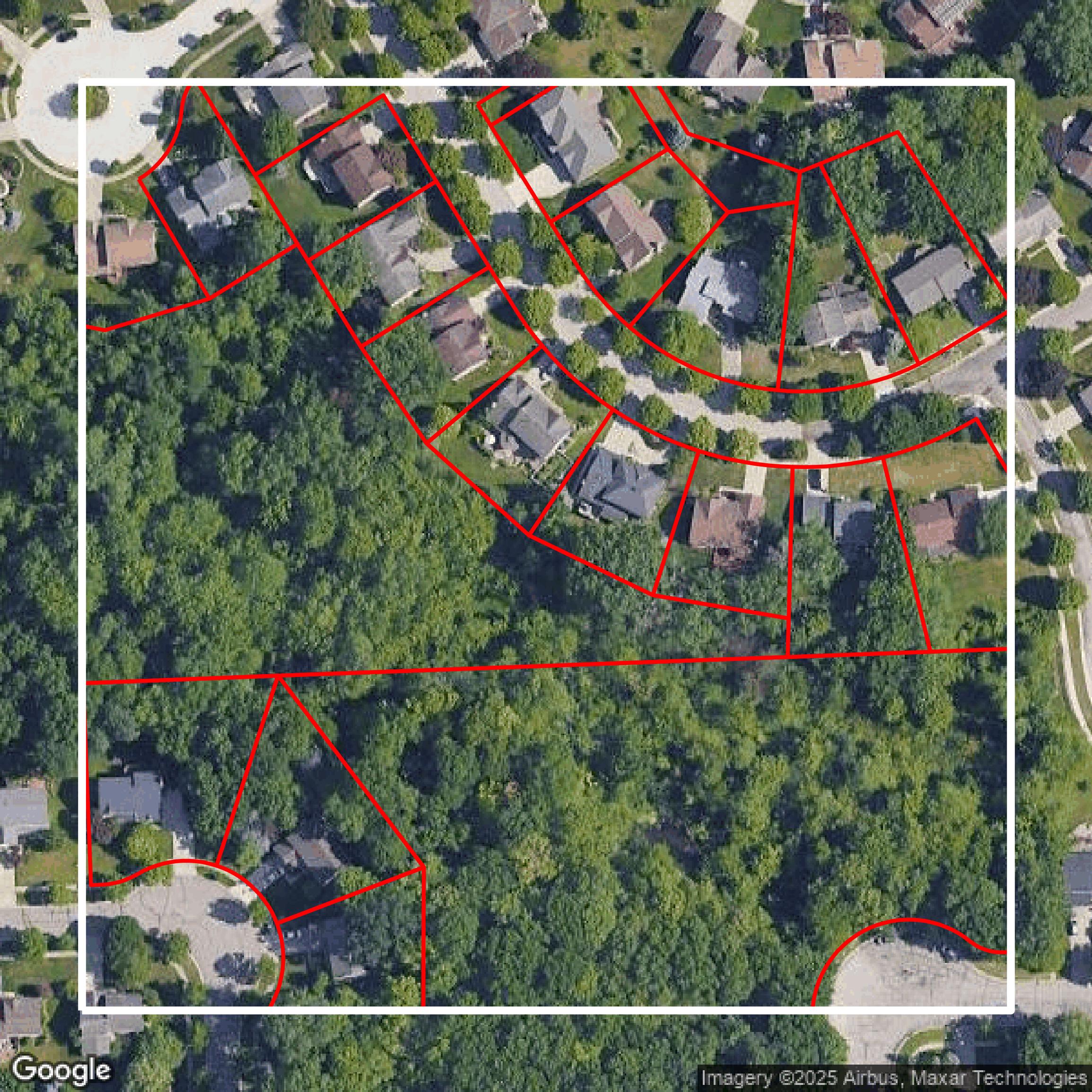 This image shows parcel and building data in Oakland County created using GIS data in Equator.