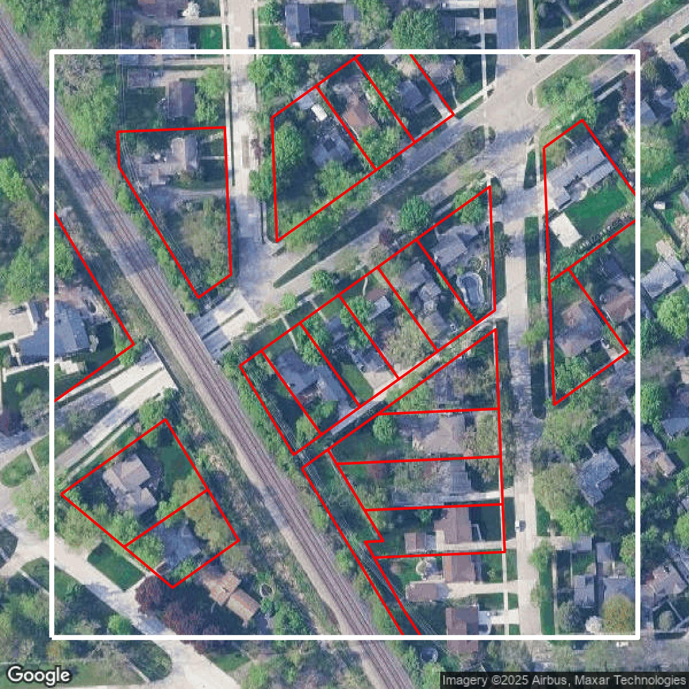 This image shows parcel and building data in Oakland County created using GIS data in Equator.