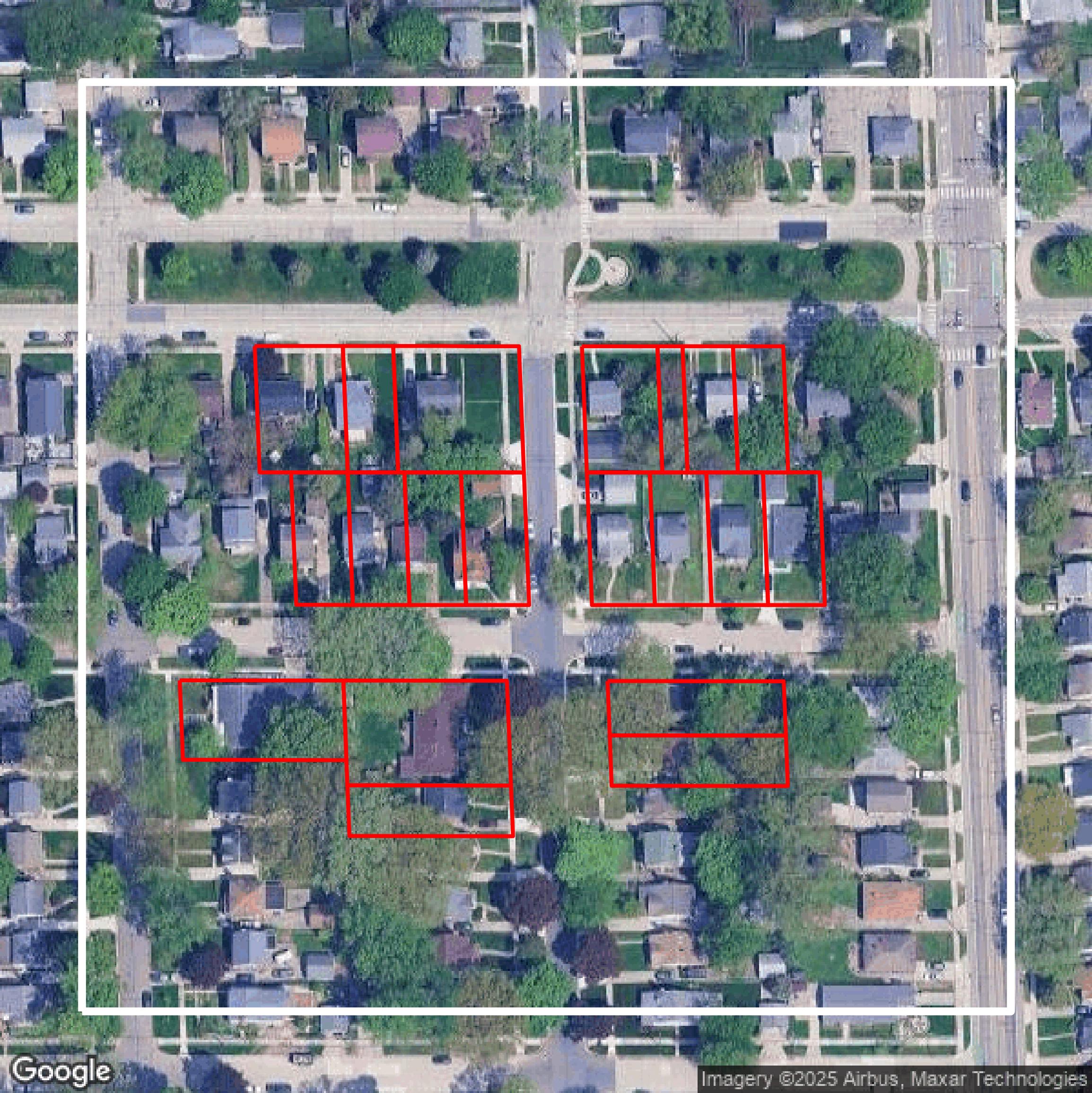 This image shows parcel and building data in Oakland County created using GIS data in Equator.