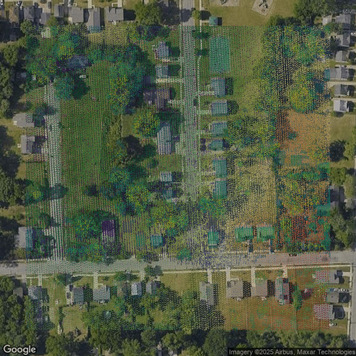 This image shows a LiDAR point cloud in Oakland County created using GIS data in Equator.