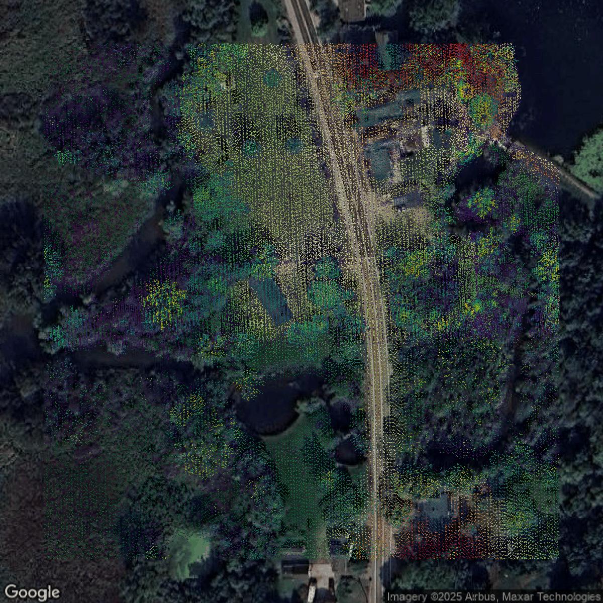 This image shows a LiDAR point cloud in Oakland County created using GIS data in Equator.