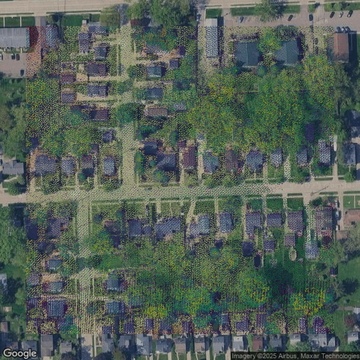 This image shows a LiDAR point cloud in Oakland County created using GIS data in Equator.