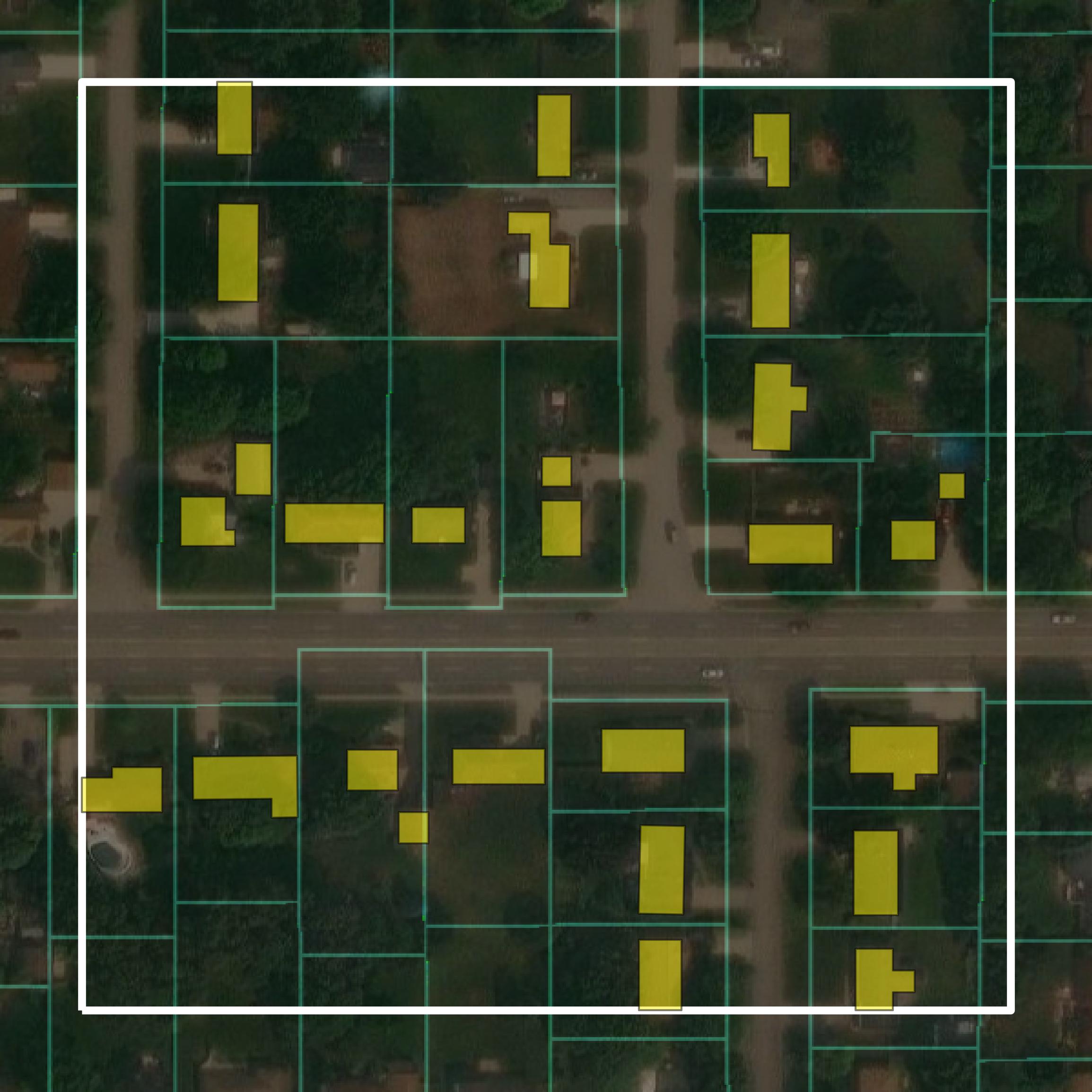 This image shows parcel and building data in Ottawa County created using GIS data in Equator.