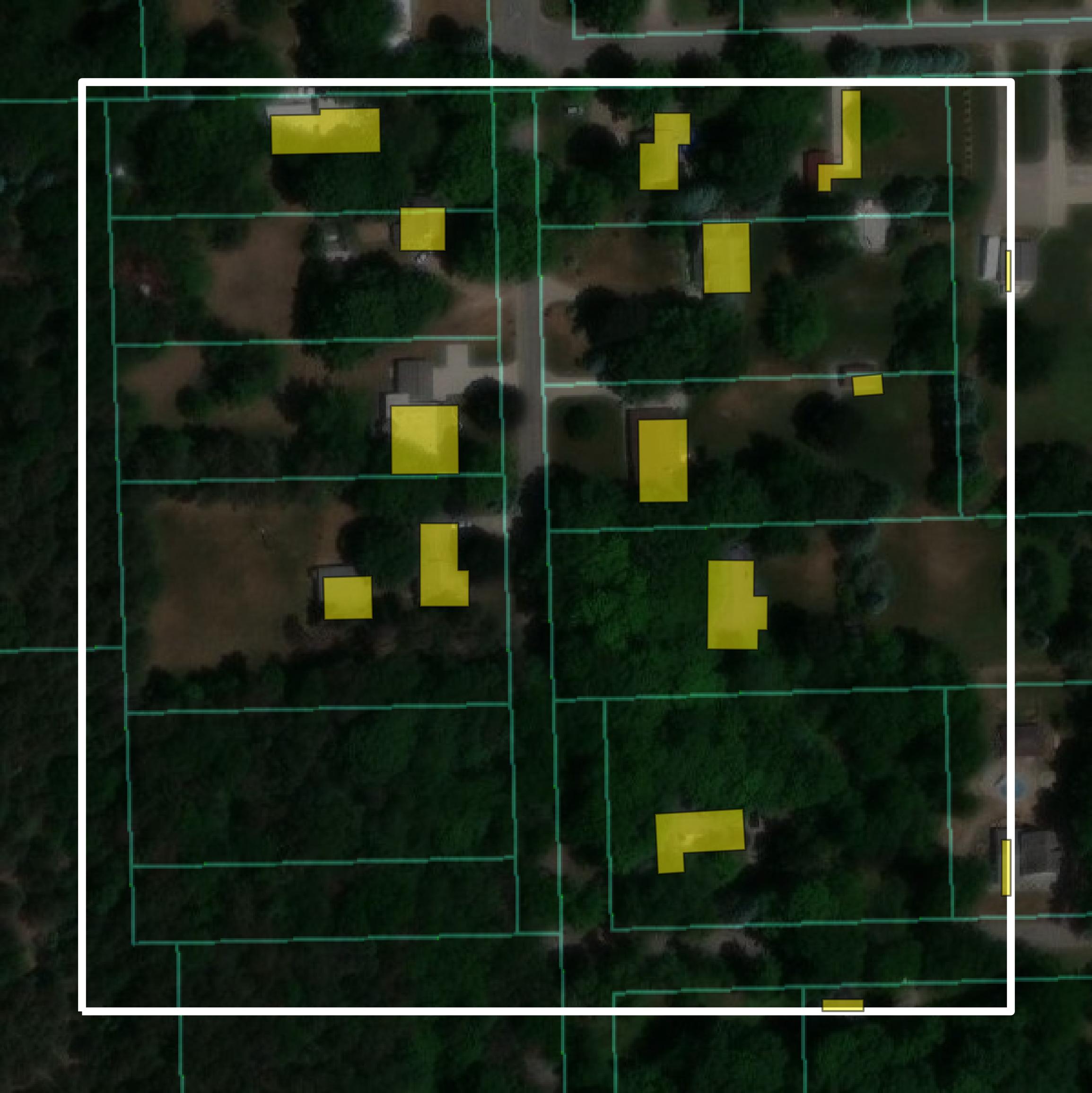This image shows parcel and building data in Sanilac County created using GIS data in Equator.