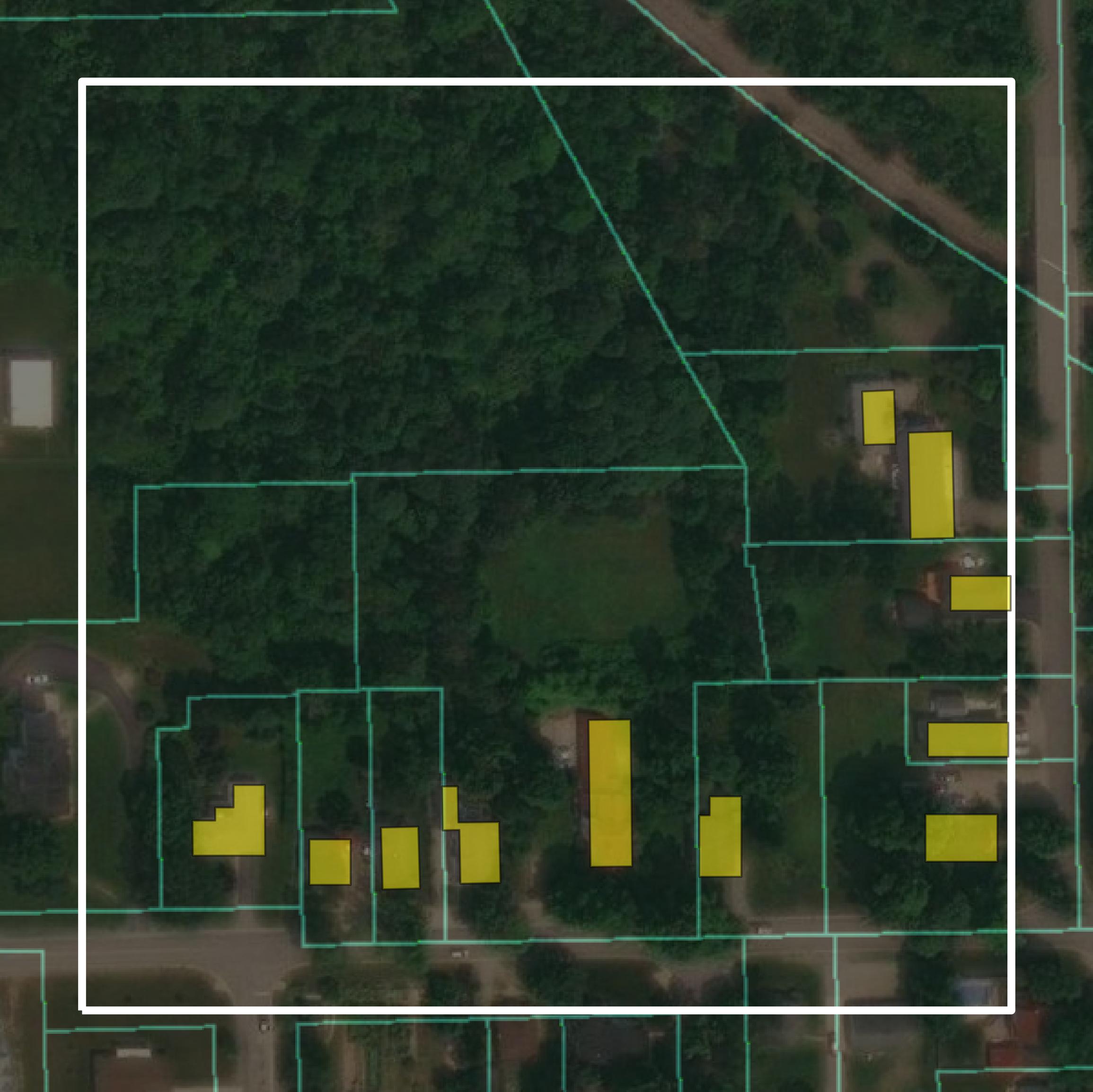 This image shows parcel and building data in Tuscola County created using GIS data in Equator.