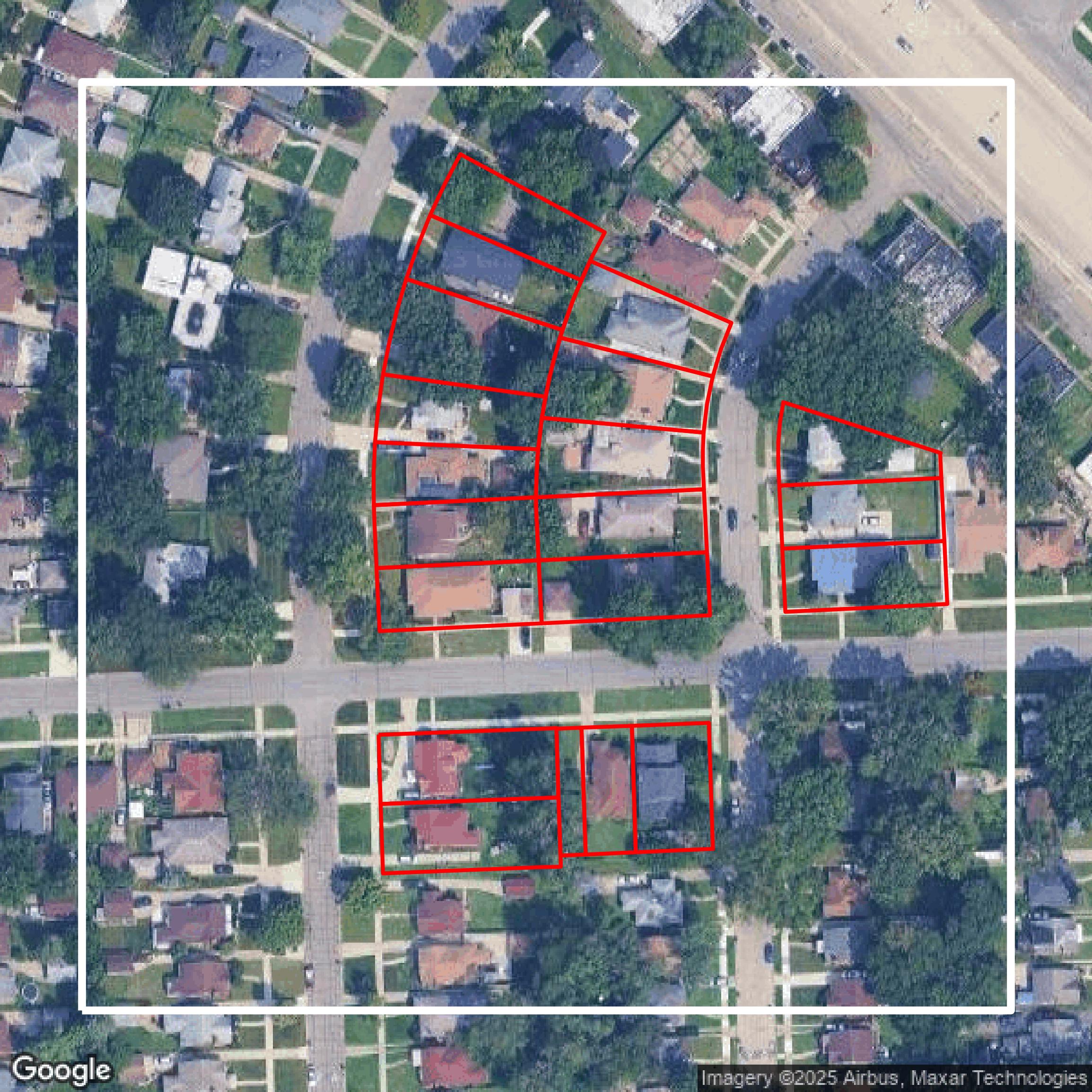 This image shows parcel and building data in Wayne County created using GIS data in Equator.