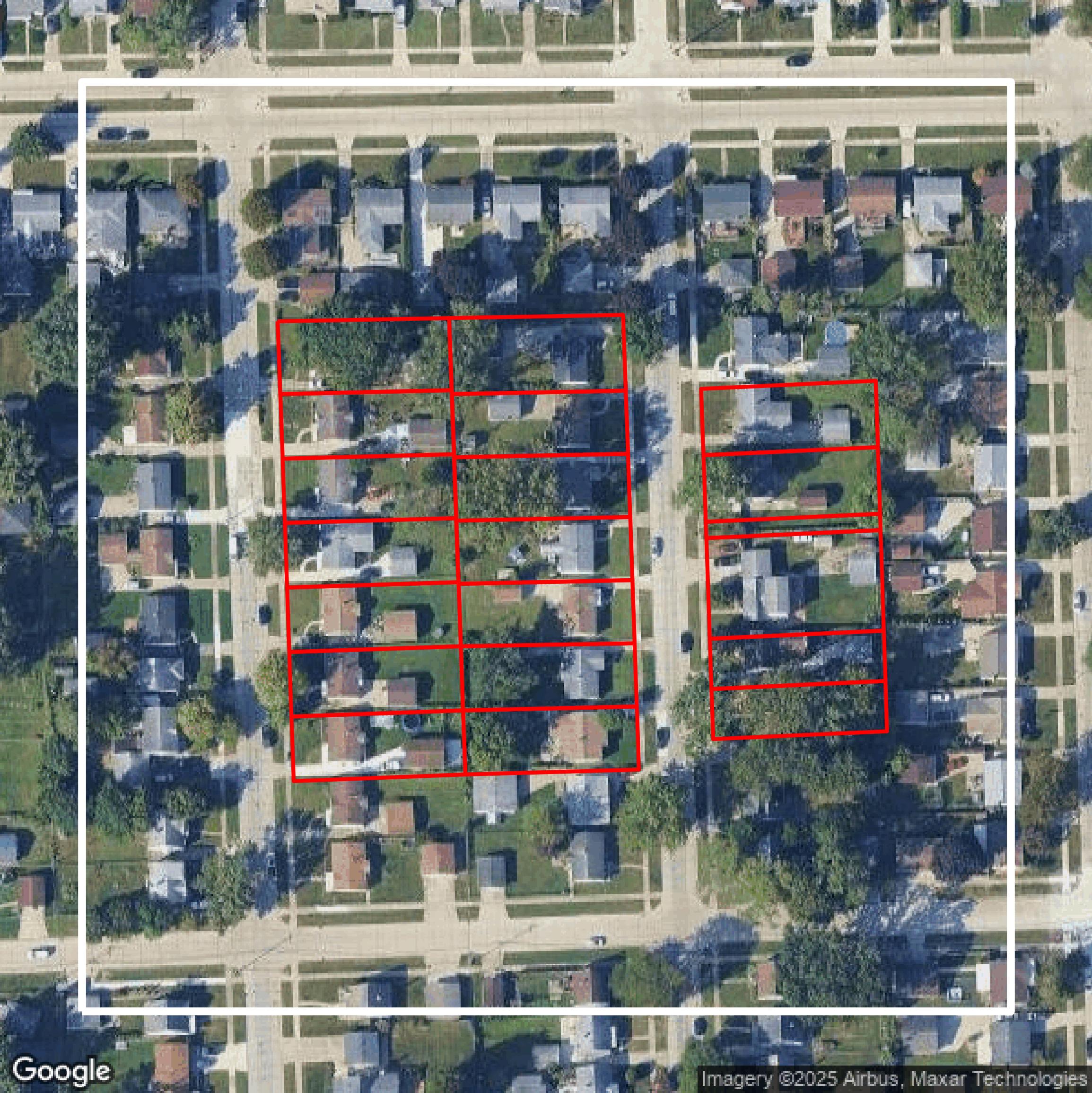 This image shows parcel and building data in Wayne County created using GIS data in Equator.