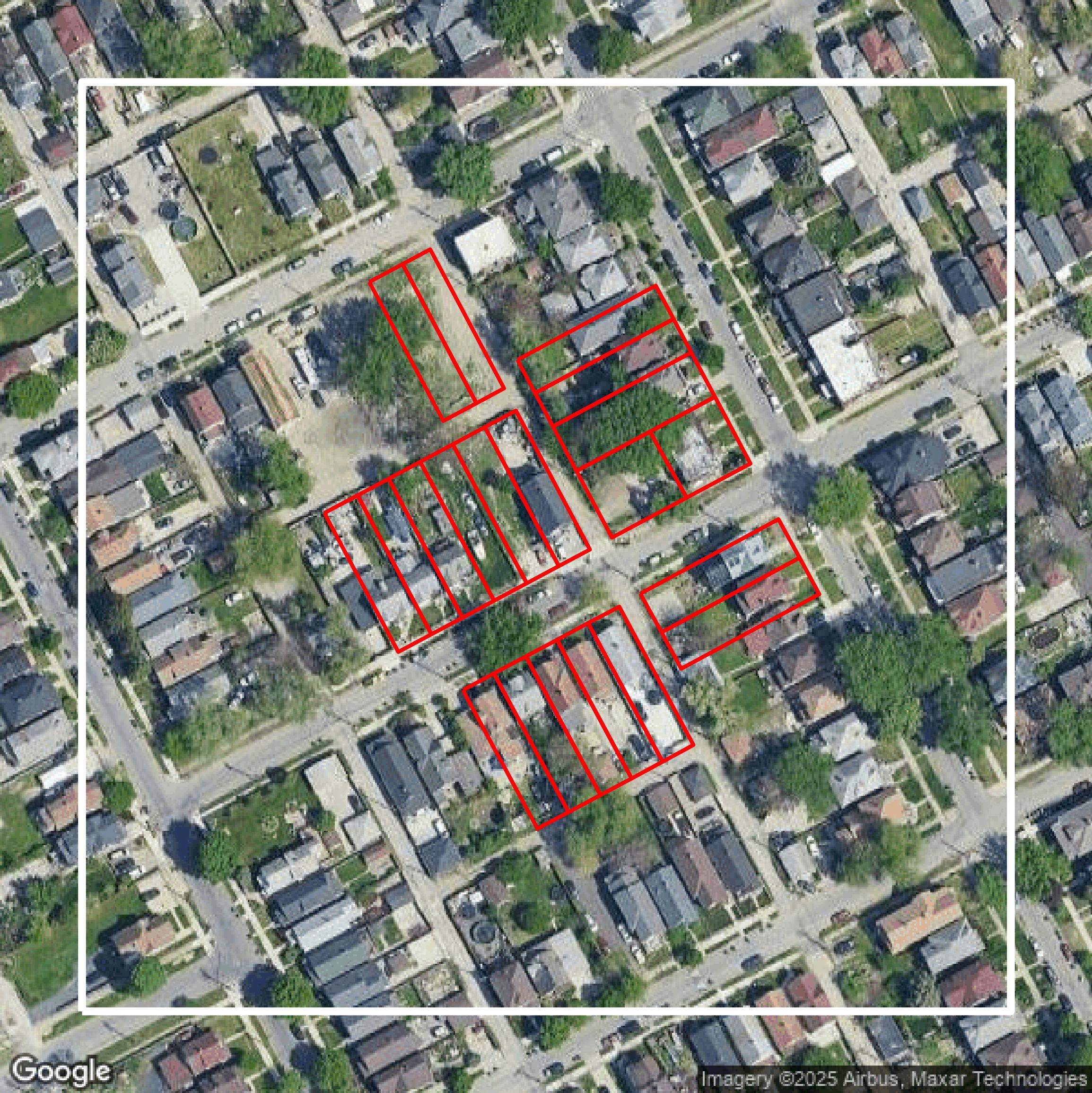 This image shows parcel and building data in Wayne County created using GIS data in Equator.