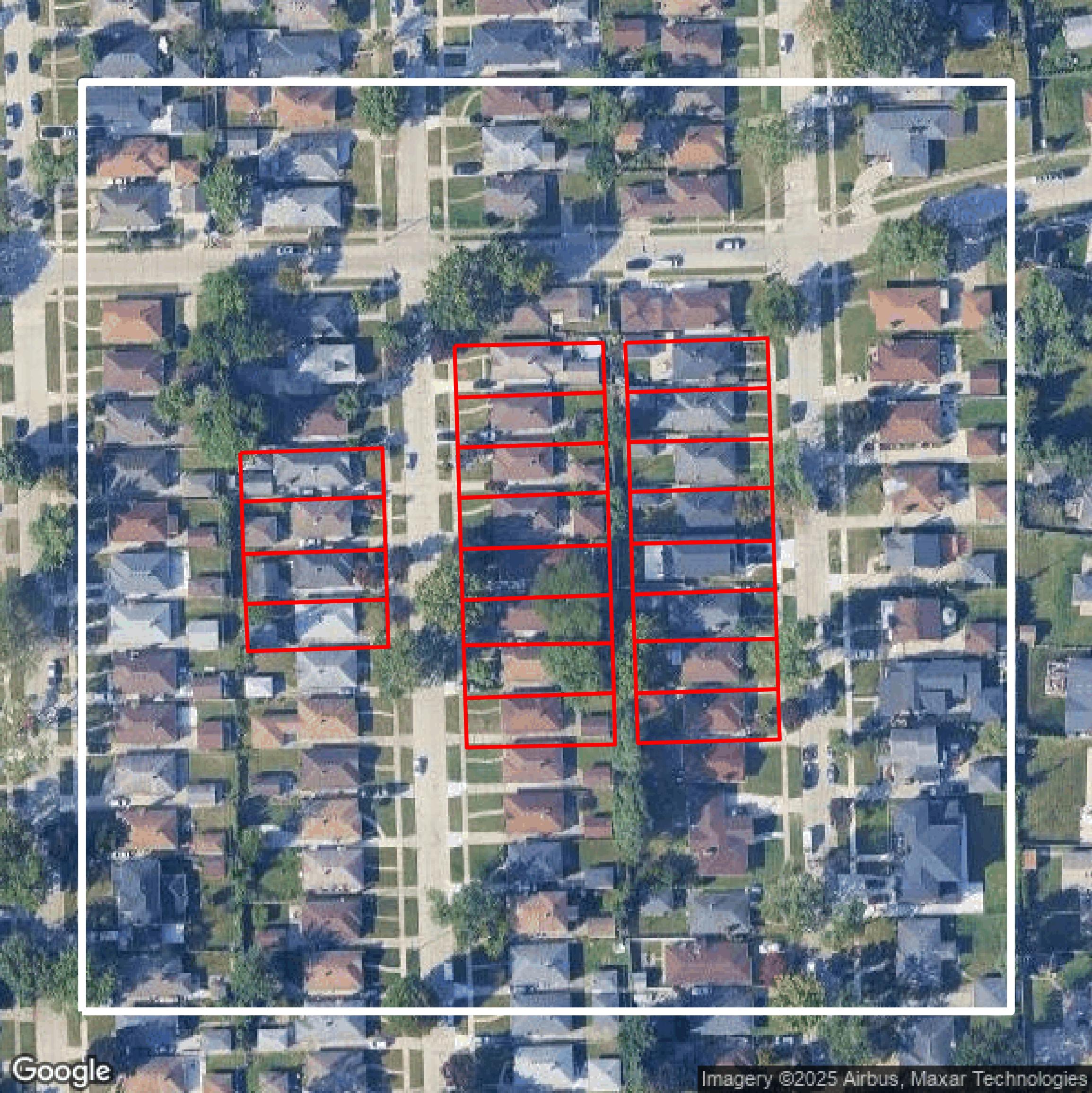 This image shows parcel and building data in Wayne County created using GIS data in Equator.
