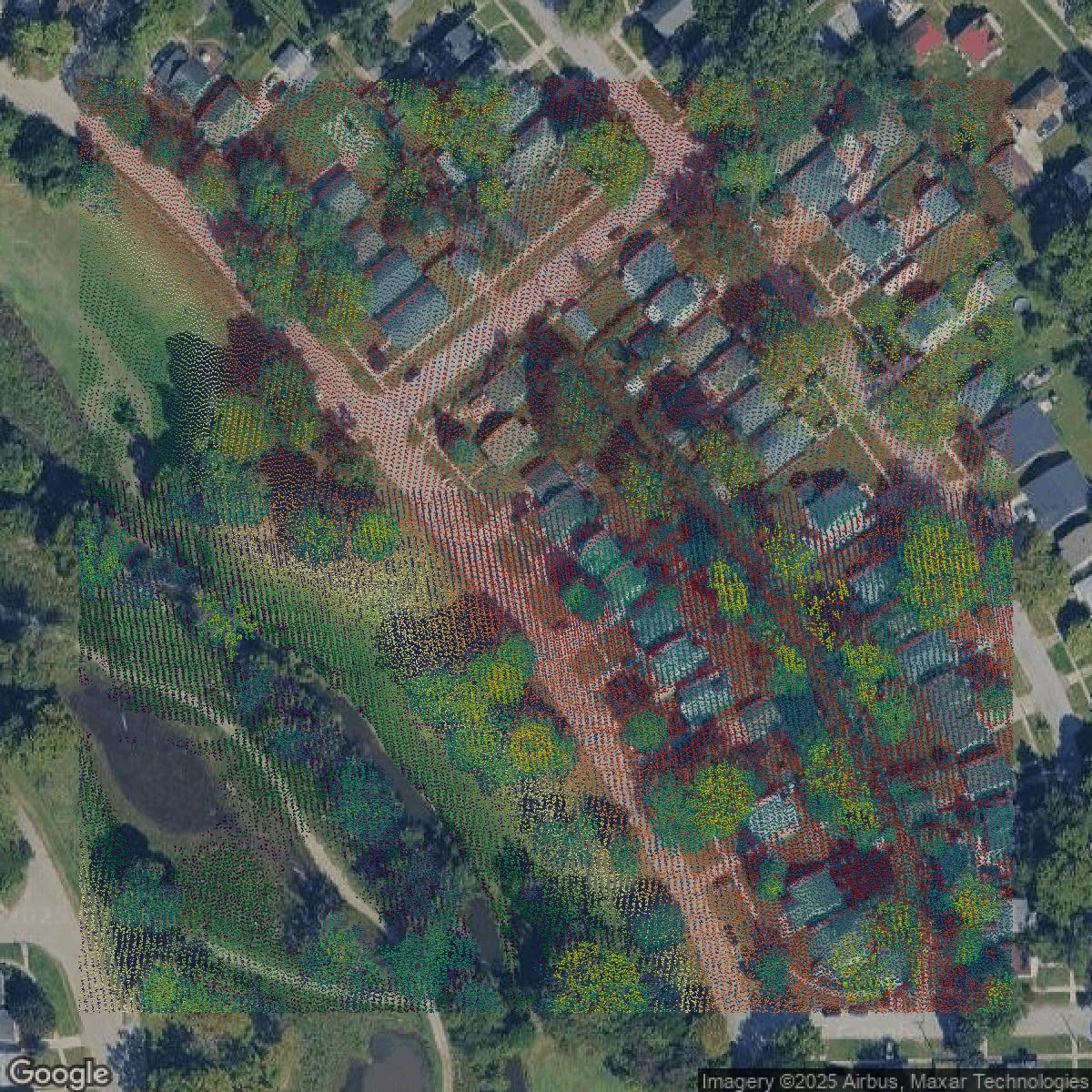 This image shows a LiDAR point cloud in Wayne County created using GIS data in Equator.