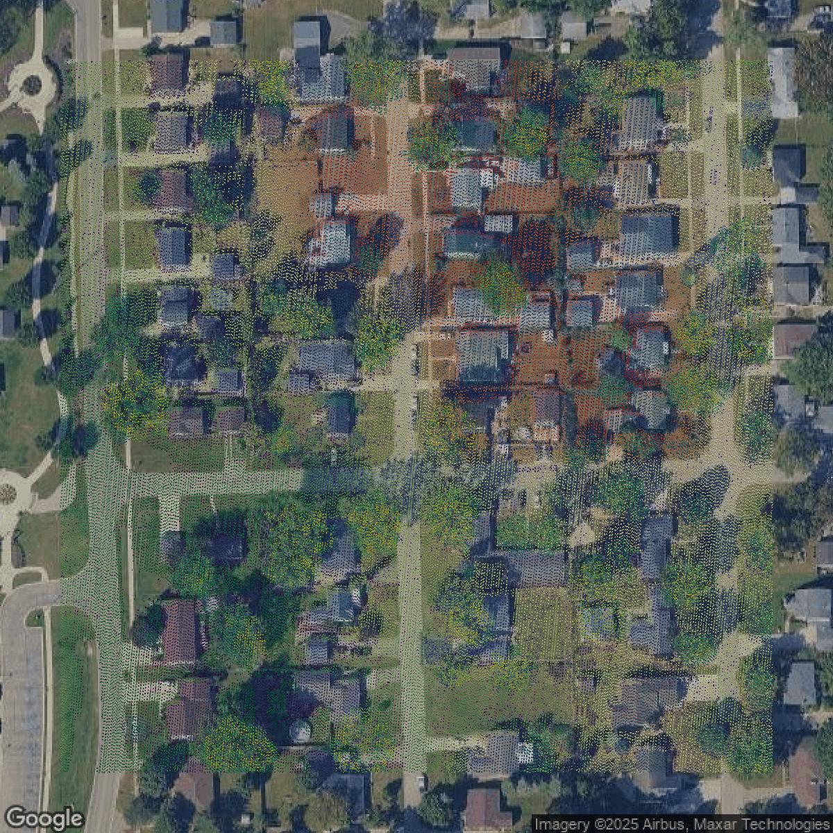 This image shows a LiDAR point cloud in Wayne County created using GIS data in Equator.