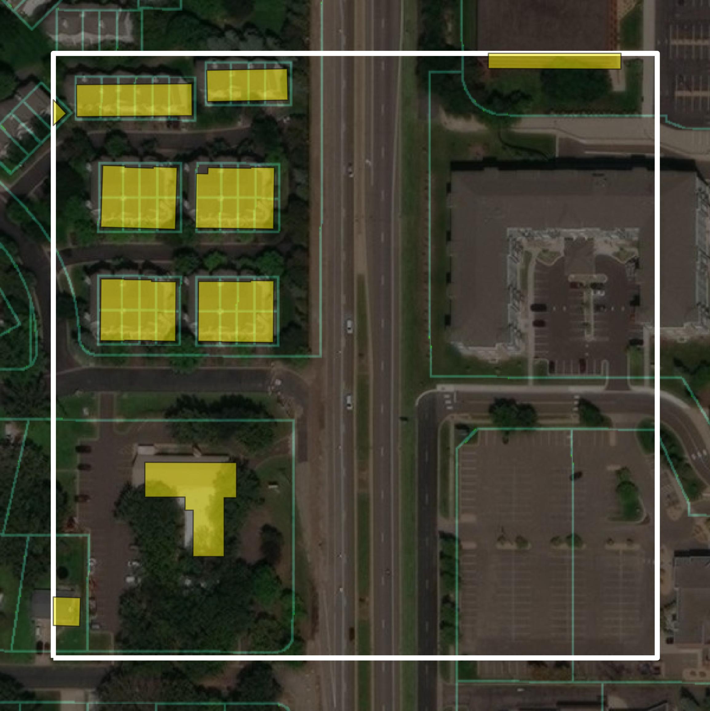 This image shows parcel and building data in Anoka County created using GIS data in Equator.