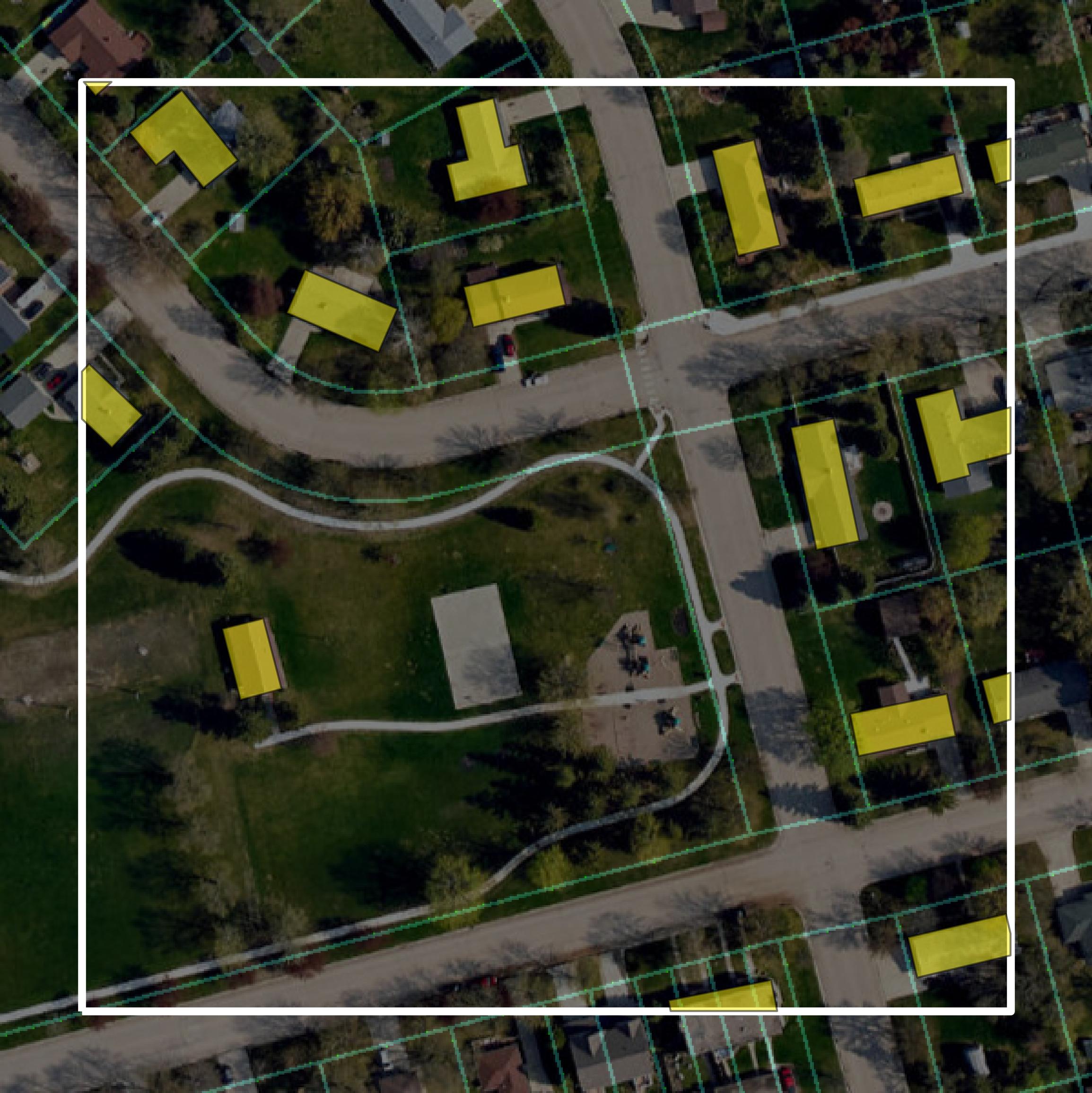 This image shows parcel and building data in Clay County created using GIS data in Equator.