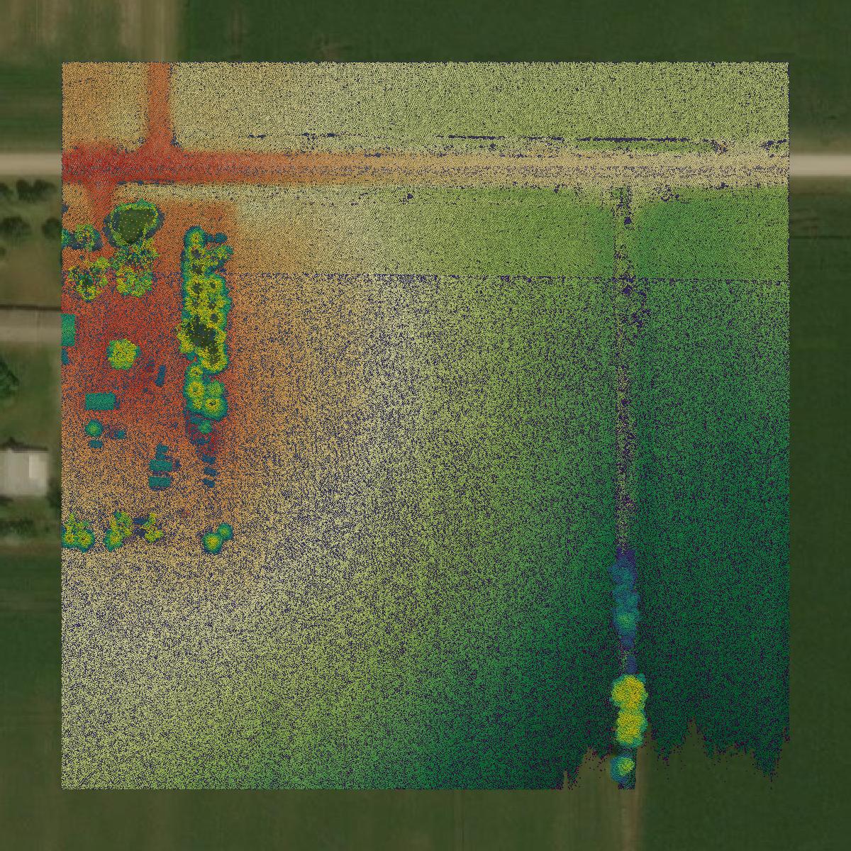 This image shows a LiDAR point cloud in Dodge County created using GIS data in Equator.