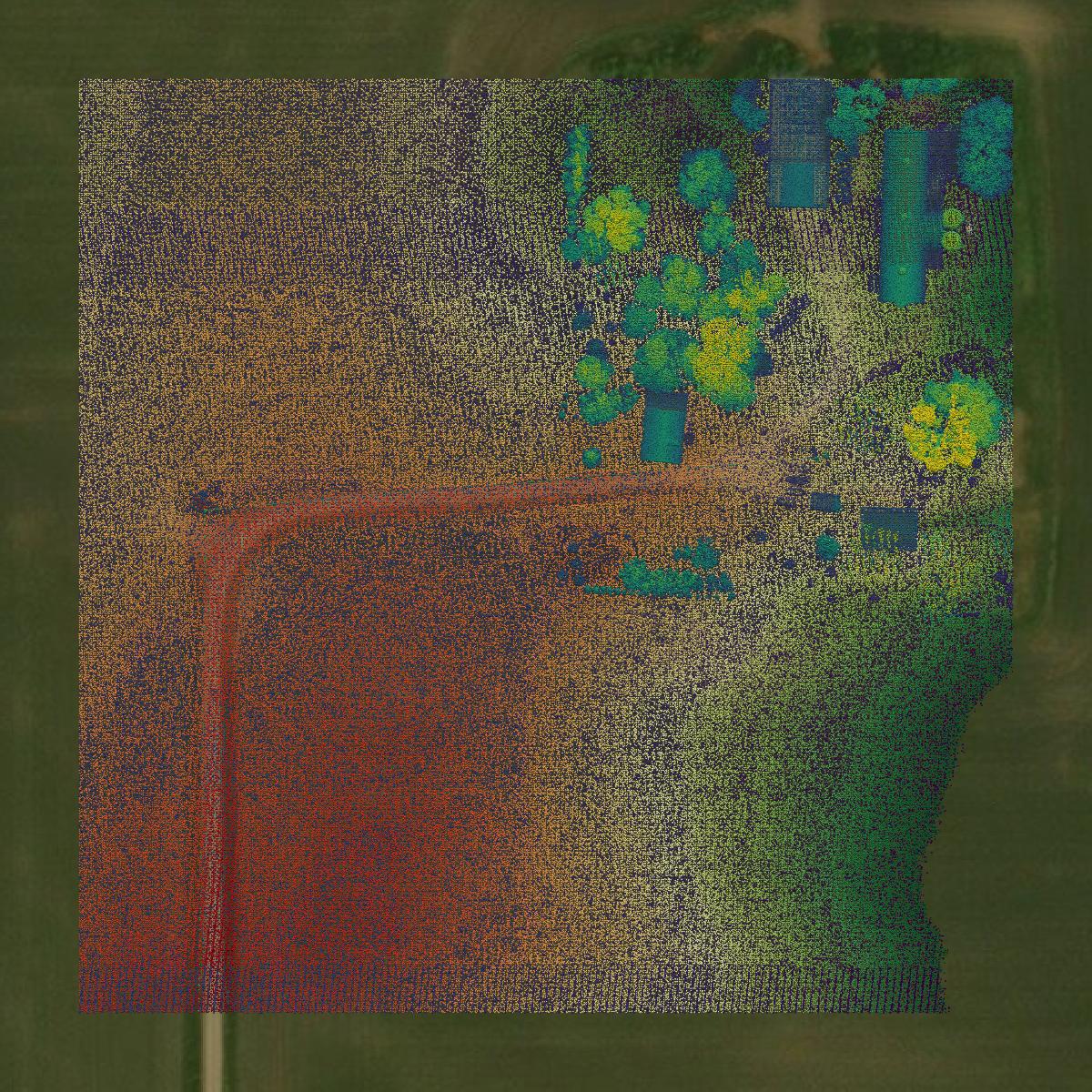 This image shows a LiDAR point cloud in Goodhue County created using GIS data in Equator.