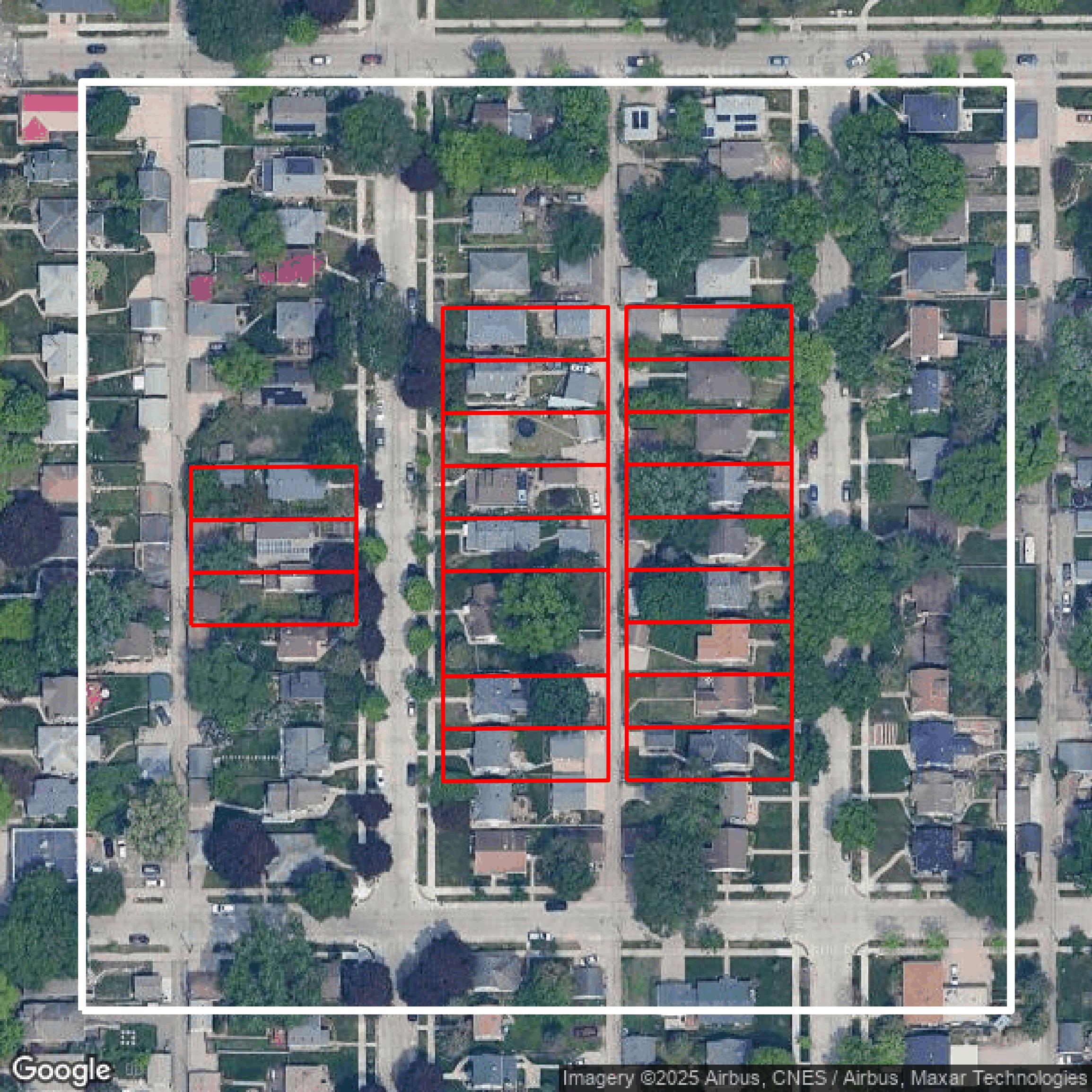 This image shows parcel and building data in Hennepin County created using GIS data in Equator.