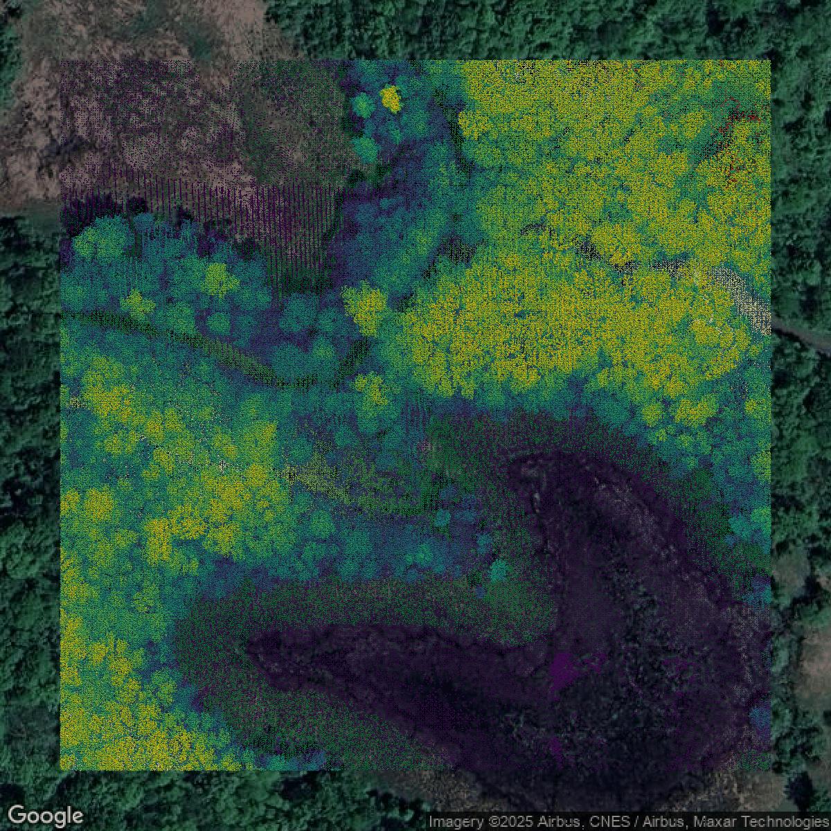 This image shows a LiDAR point cloud in Hennepin County created using GIS data in Equator.
