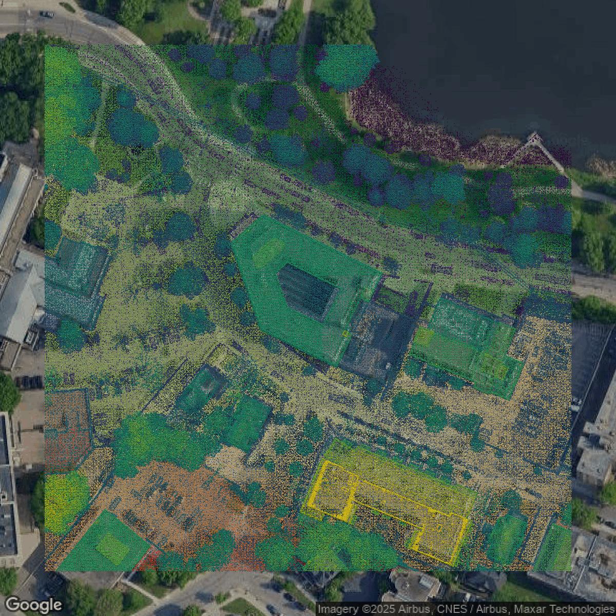 This image shows a LiDAR point cloud in Hennepin County created using GIS data in Equator.