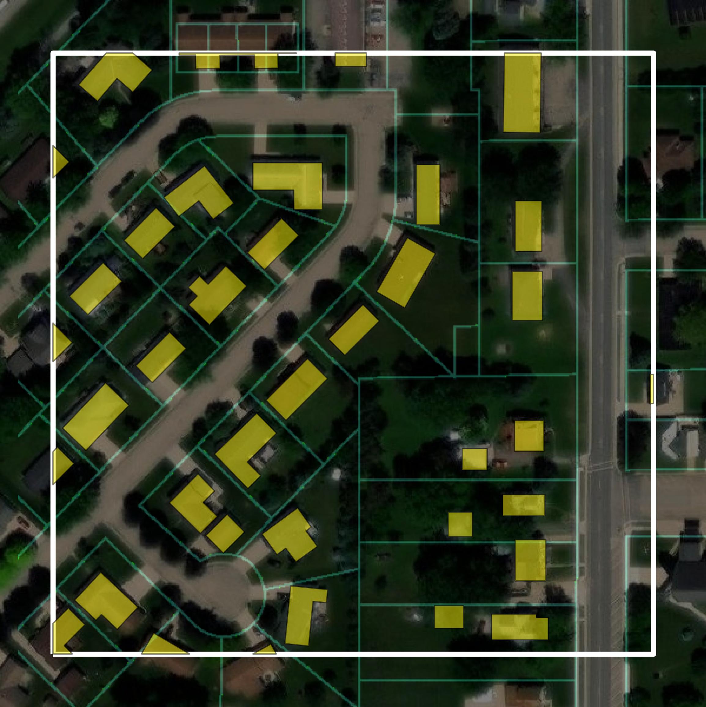 This image shows parcel and building data in Houston County created using GIS data in Equator.