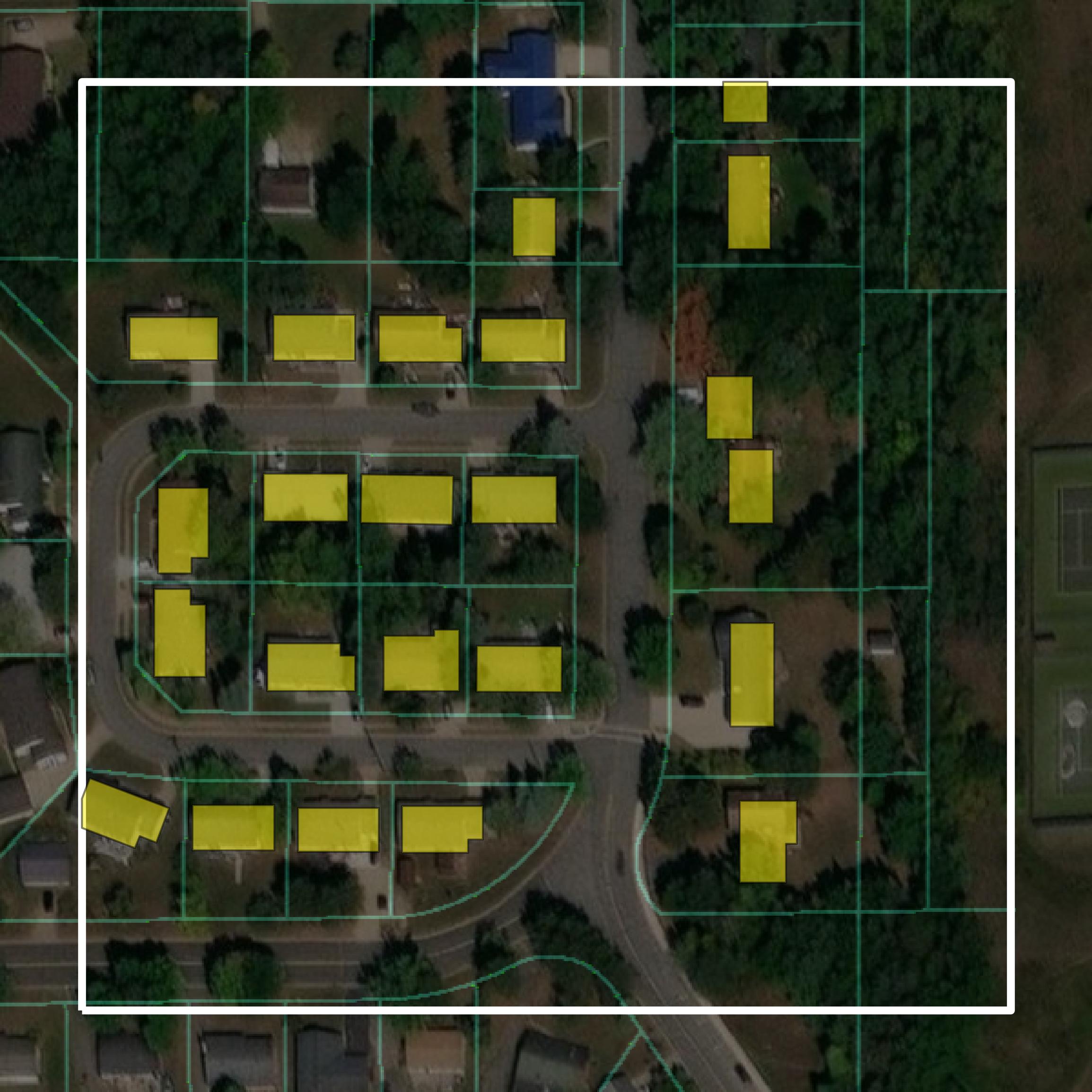 This image shows parcel and building data in Itasca County created using GIS data in Equator.