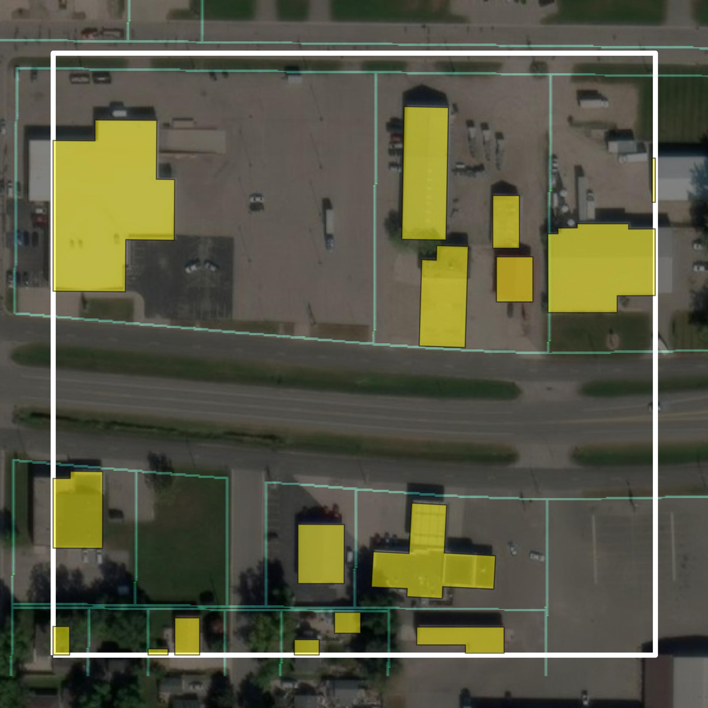 This image shows parcel and building data in Kandiyohi County created using GIS data in Equator.