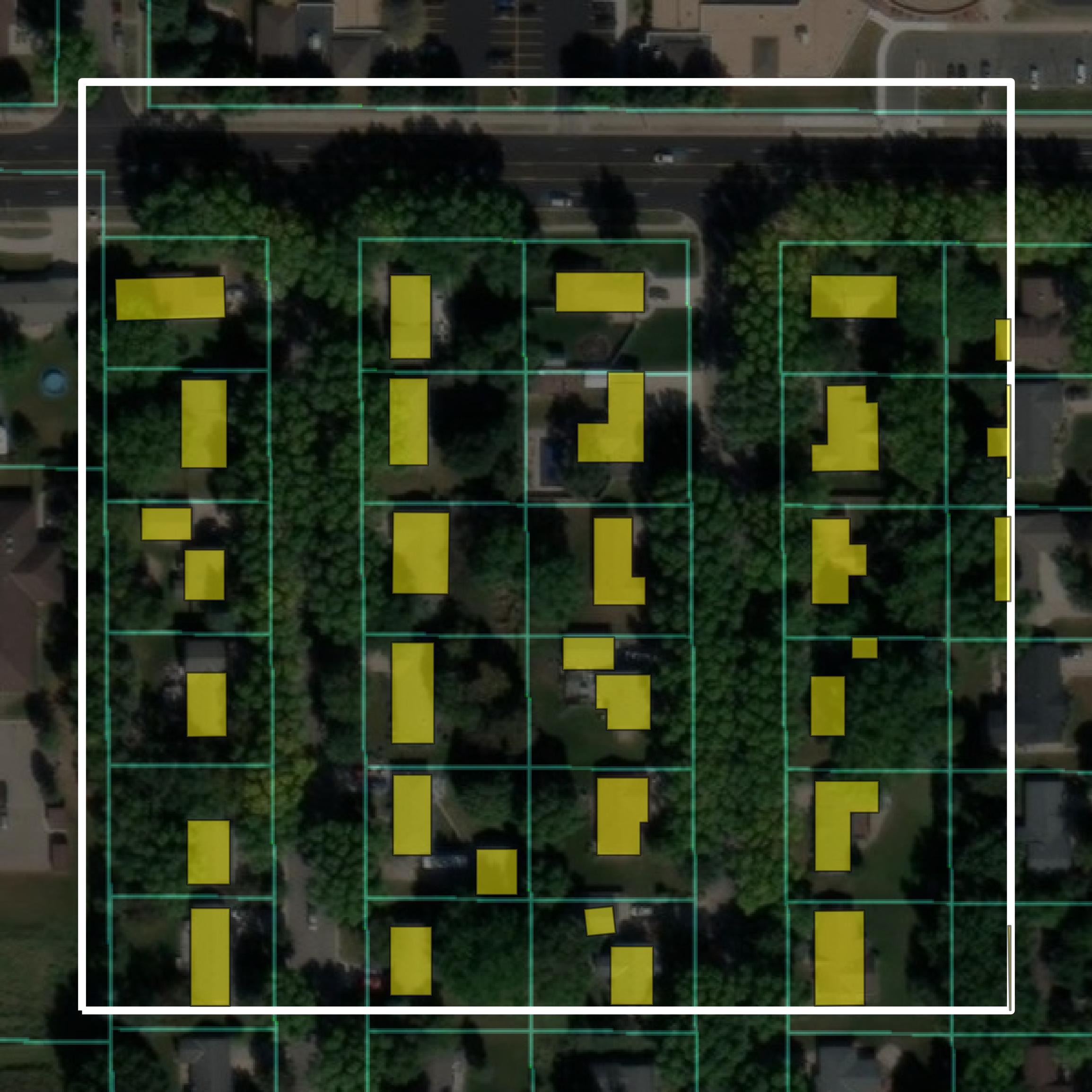 This image shows parcel and building data in Kandiyohi County created using GIS data in Equator.