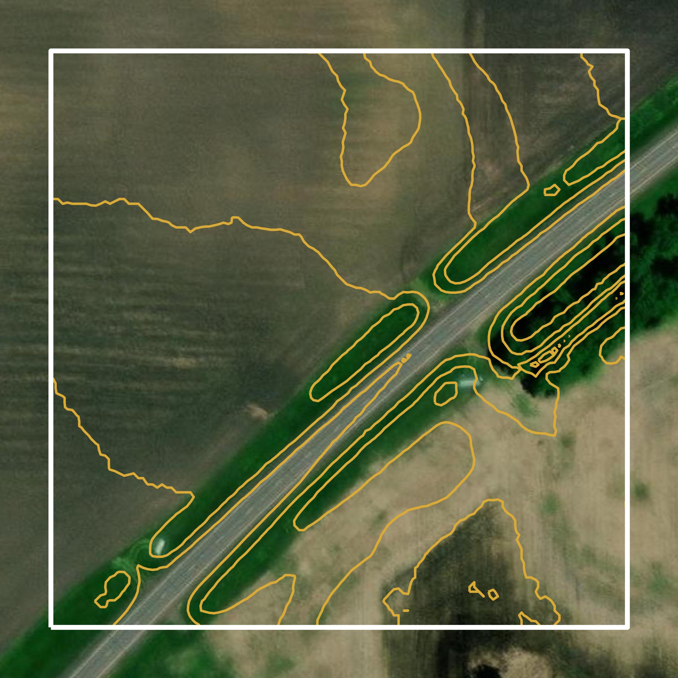 This image shows a contour map in Le Sueur County created using GIS data in Equator.