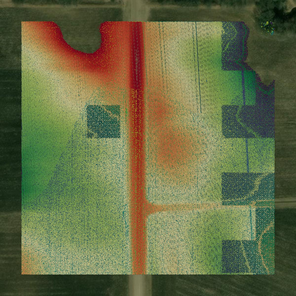 This image shows a LiDAR point cloud in McLeod County created using GIS data in Equator.