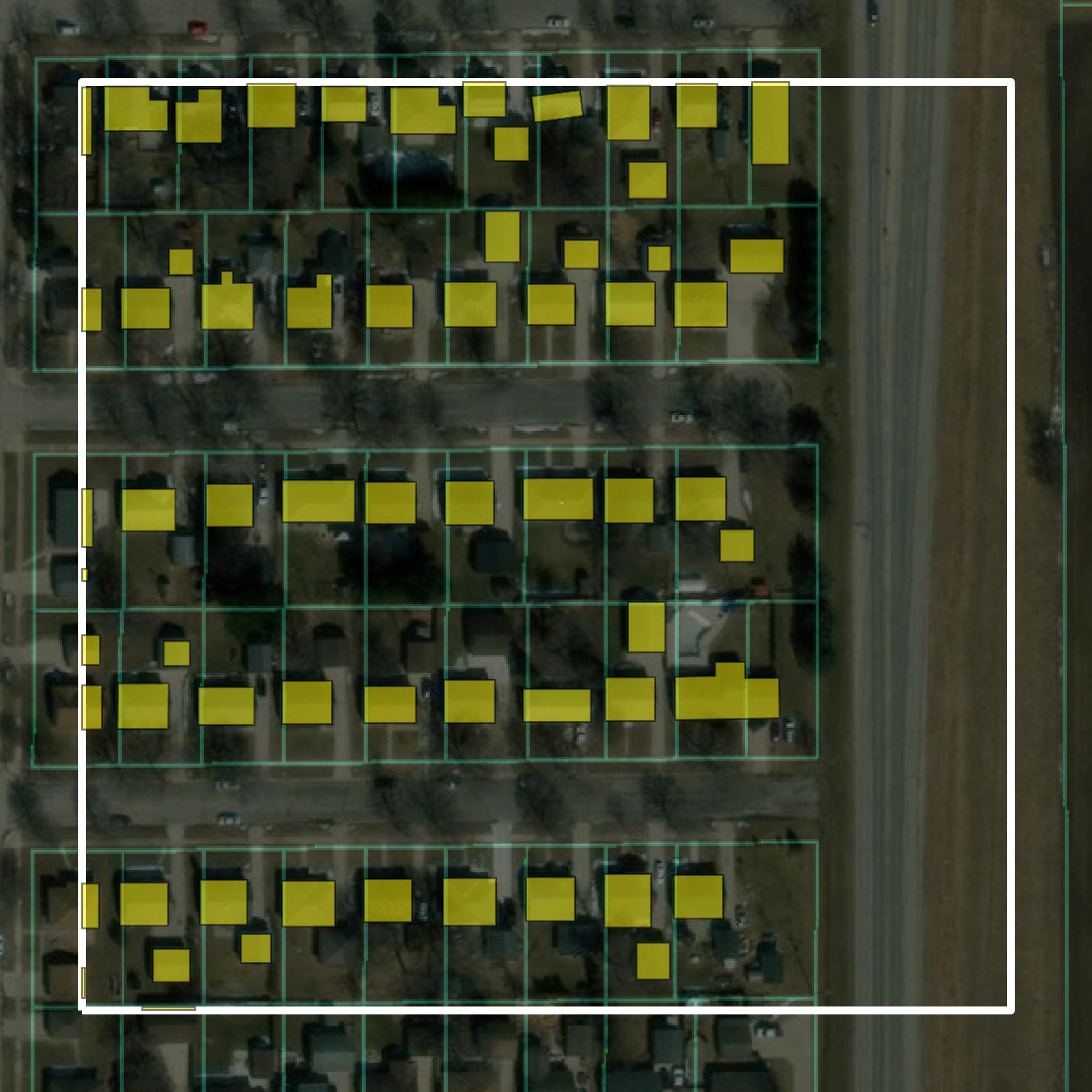 This image shows parcel and building data in Mower County created using GIS data in Equator.