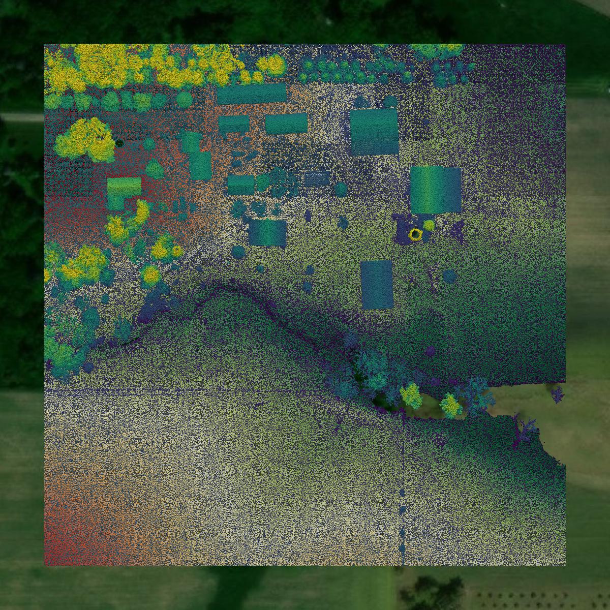This image shows a LiDAR point cloud in Olmsted County created using GIS data in Equator.