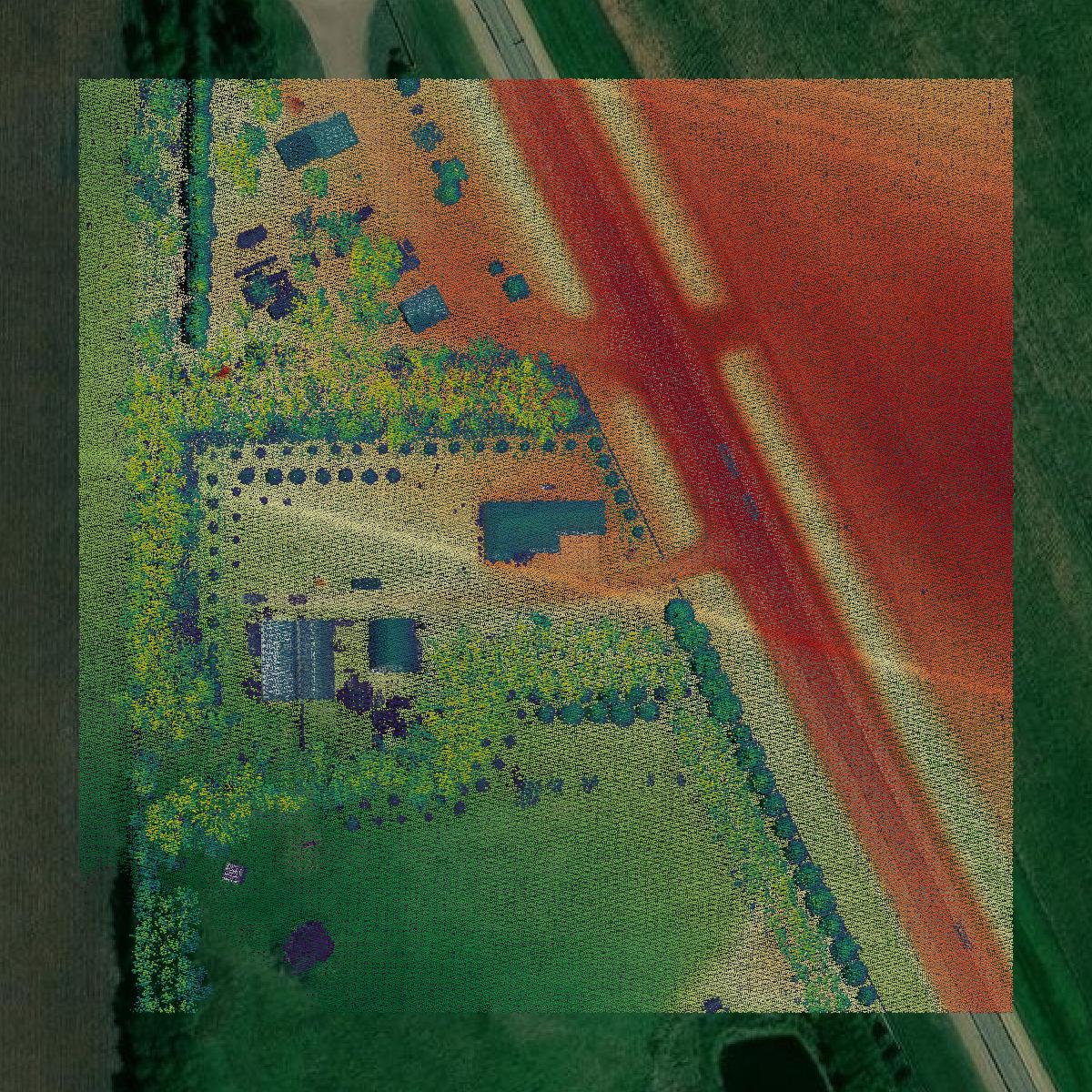 This image shows a LiDAR point cloud in Pipestone County created using GIS data in Equator.