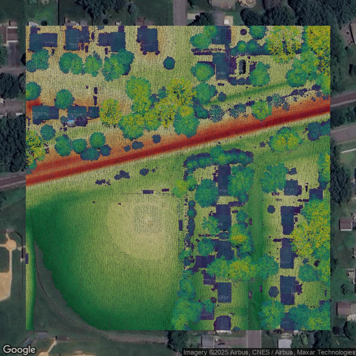 This image shows a LiDAR point cloud in Ramsey County created using GIS data in Equator.