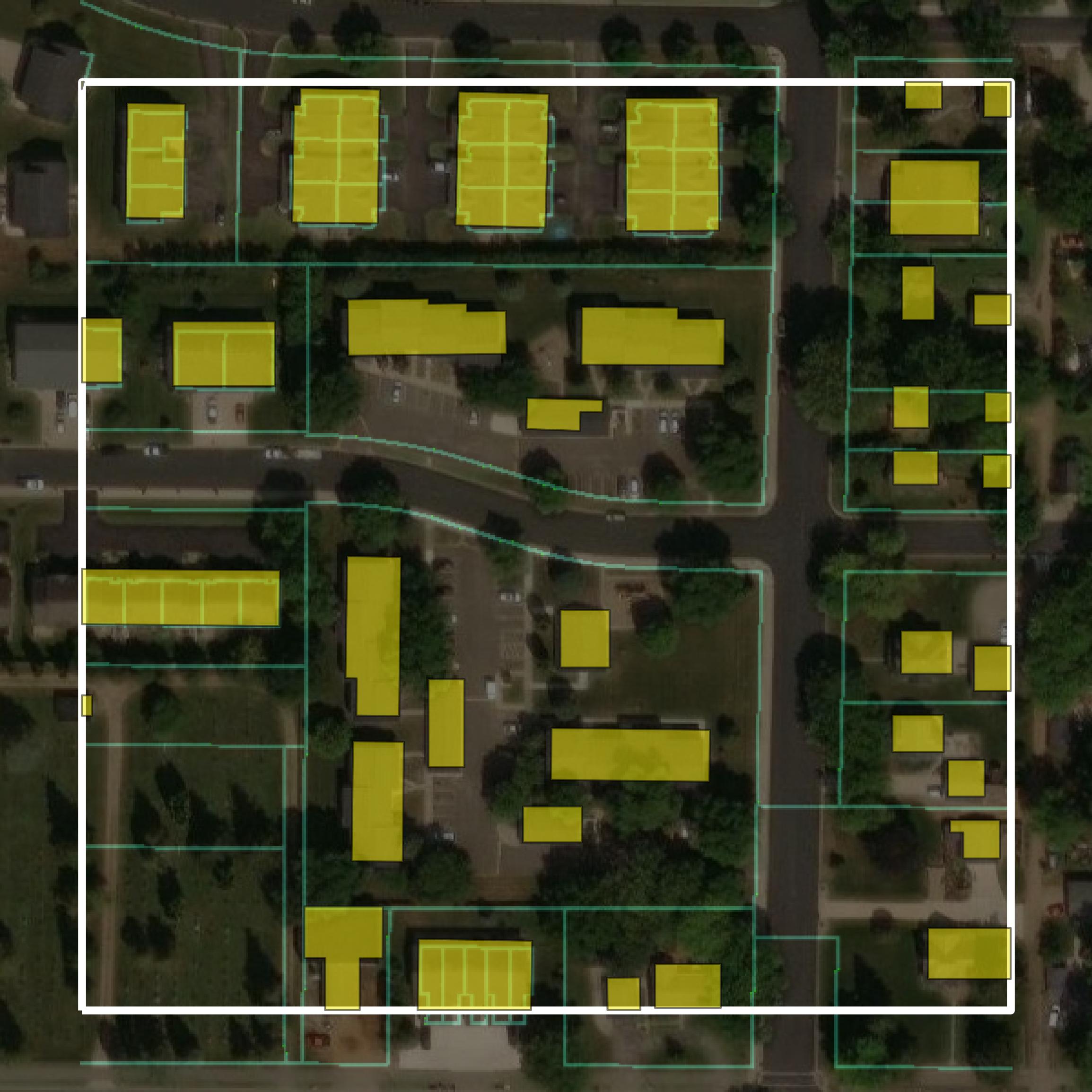 This image shows parcel and building data in Scott County created using GIS data in Equator.