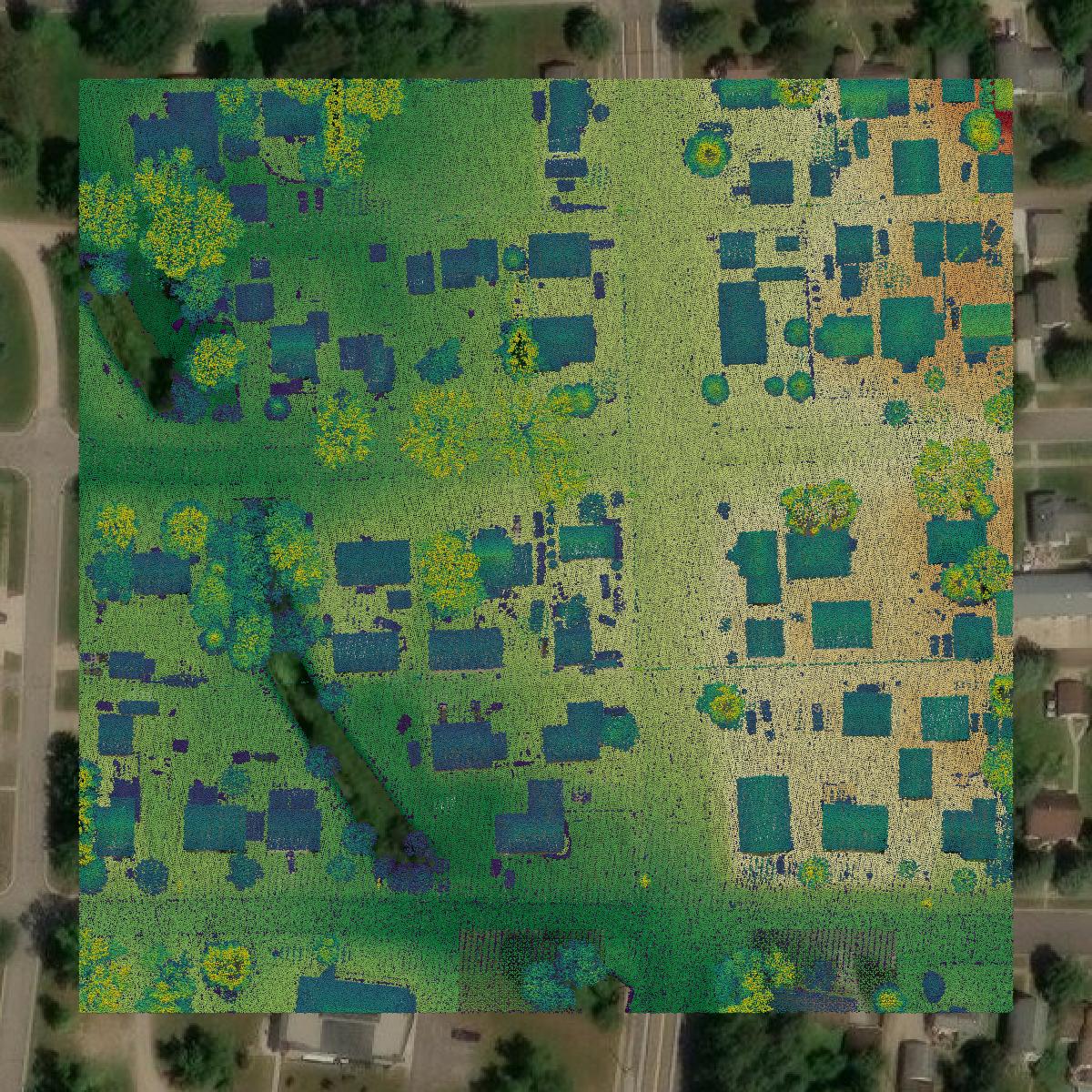 This image shows a LiDAR point cloud in St. Louis County created using GIS data in Equator.