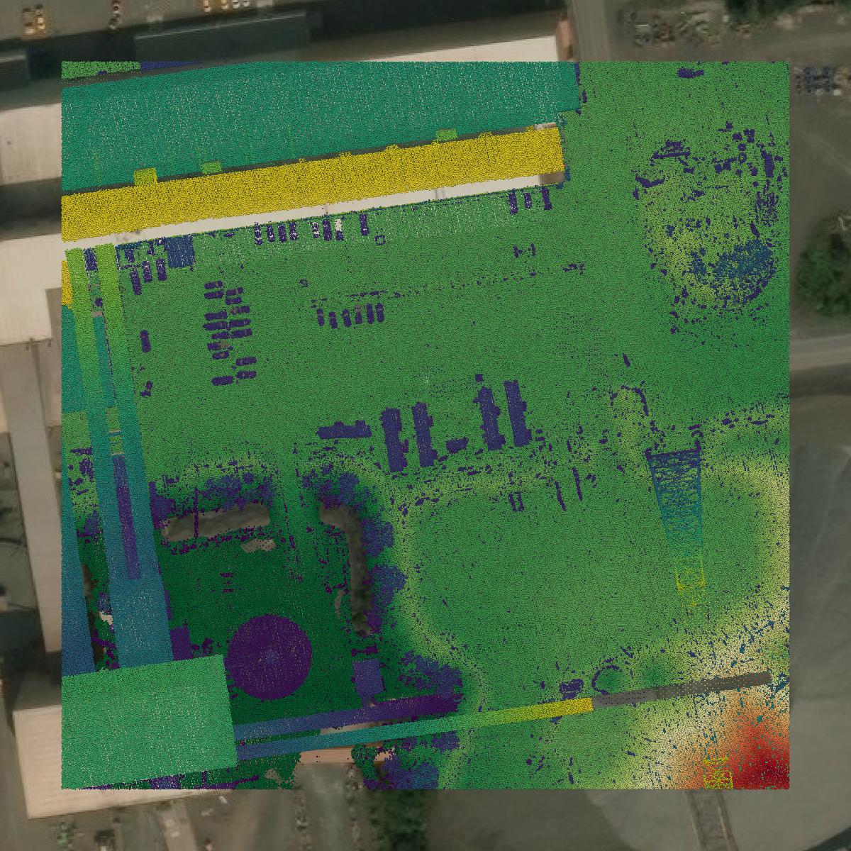 This image shows a LiDAR point cloud in St. Louis County created using GIS data in Equator.