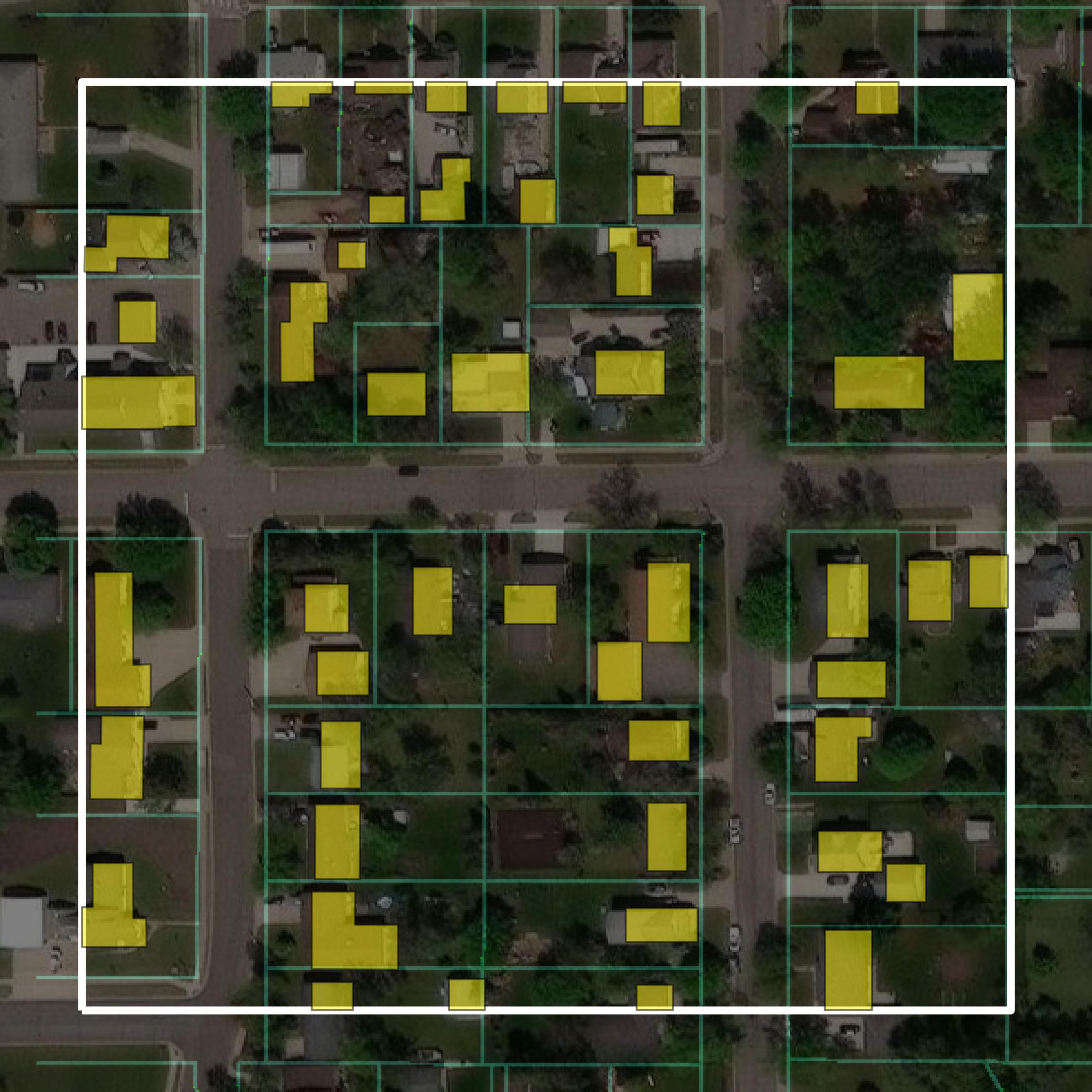 This image shows parcel and building data in Stearns County created using GIS data in Equator.