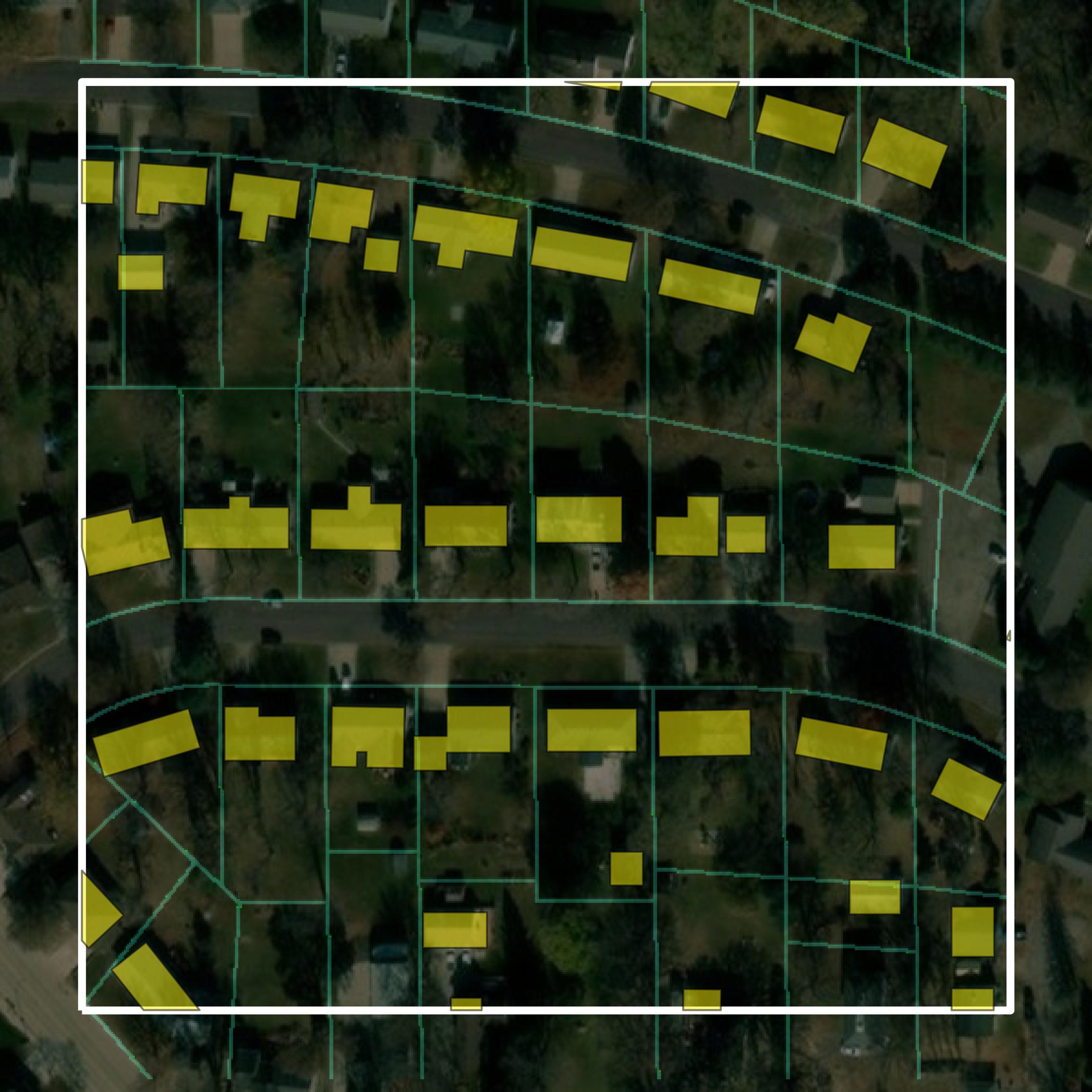 This image shows parcel and building data in Waseca County created using GIS data in Equator.