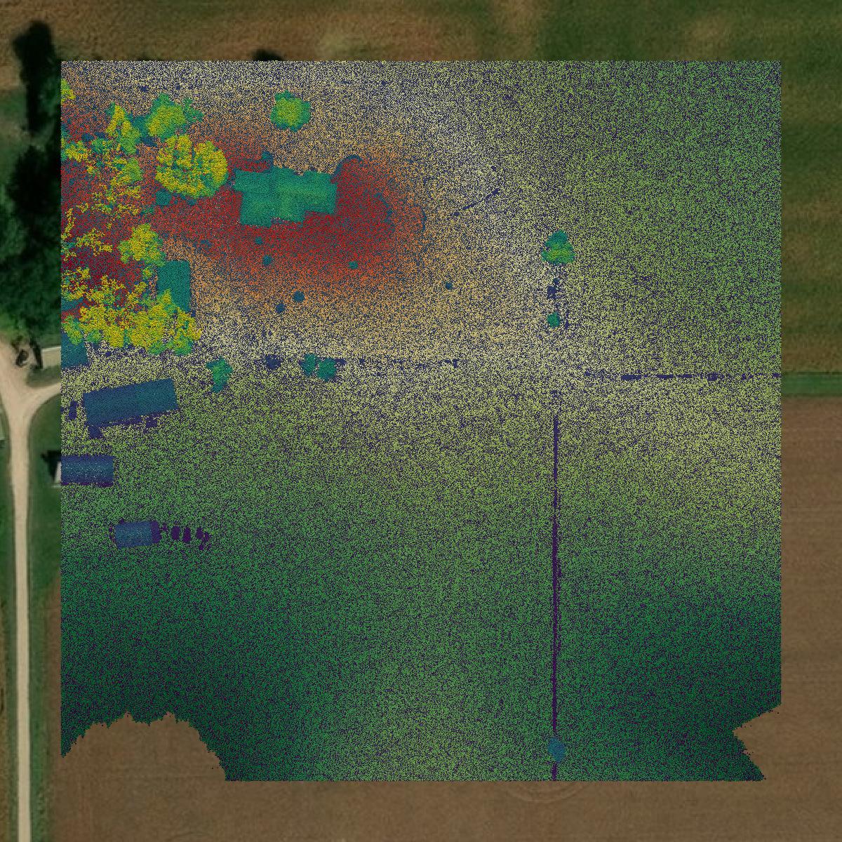 This image shows a LiDAR point cloud in Winona County created using GIS data in Equator.