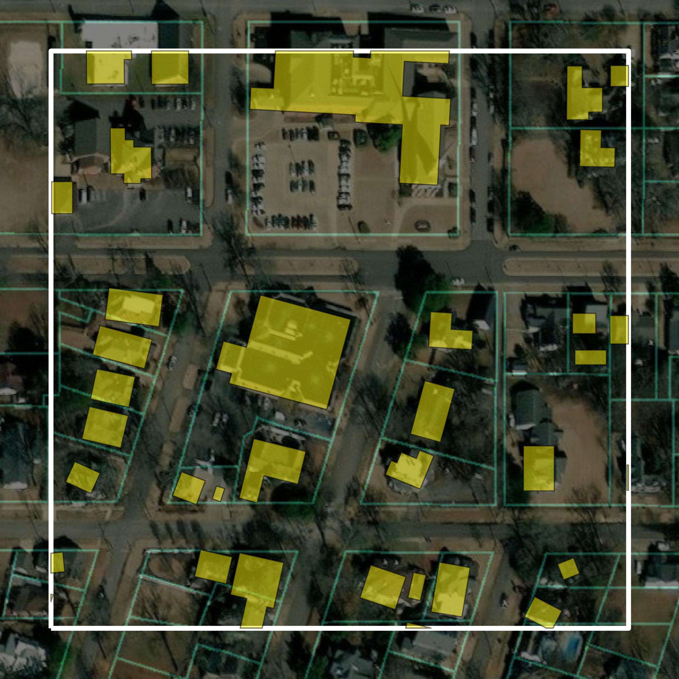 This image shows parcel and building data in Alcorn County created using GIS data in Equator.