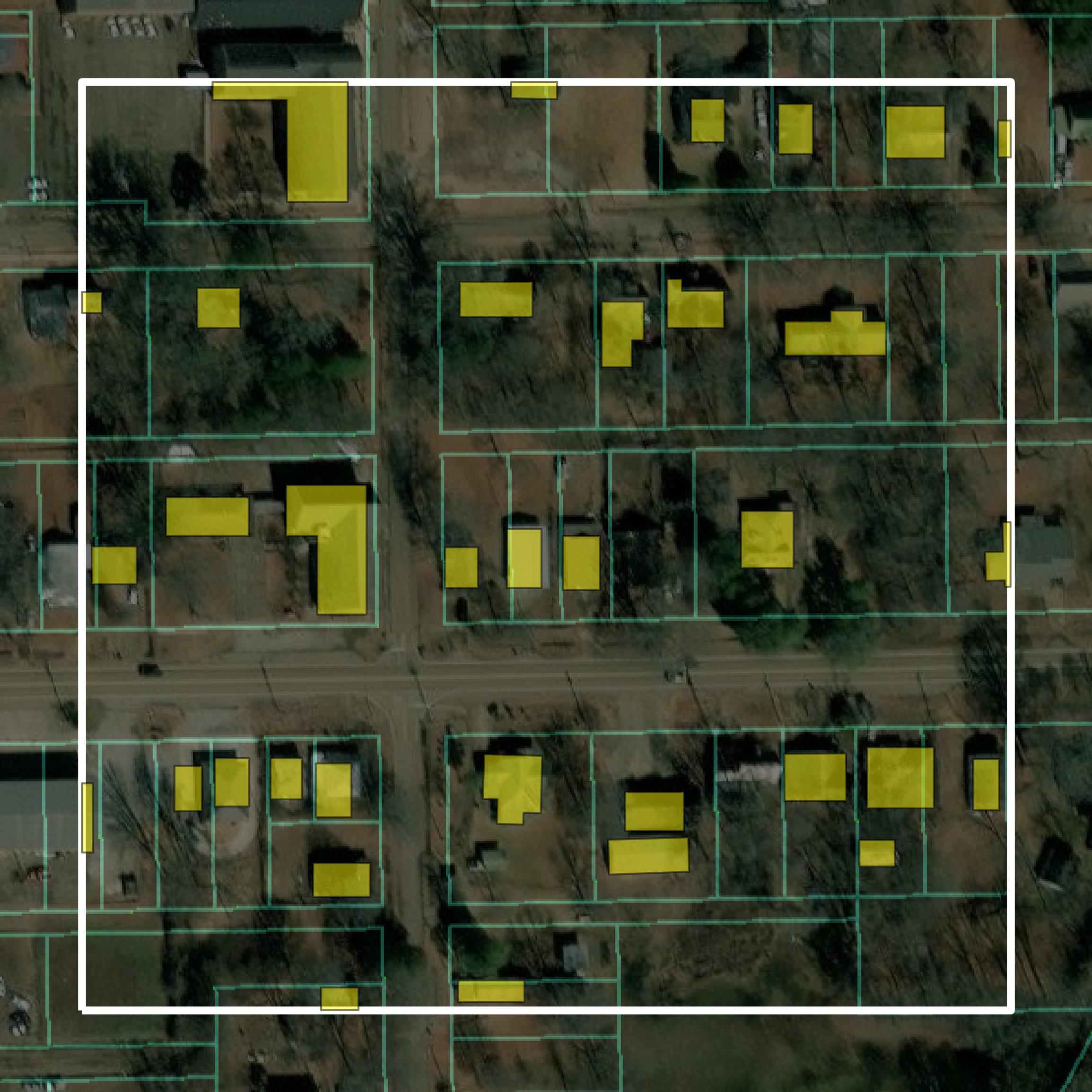 This image shows parcel and building data in Calhoun County created using GIS data in Equator.