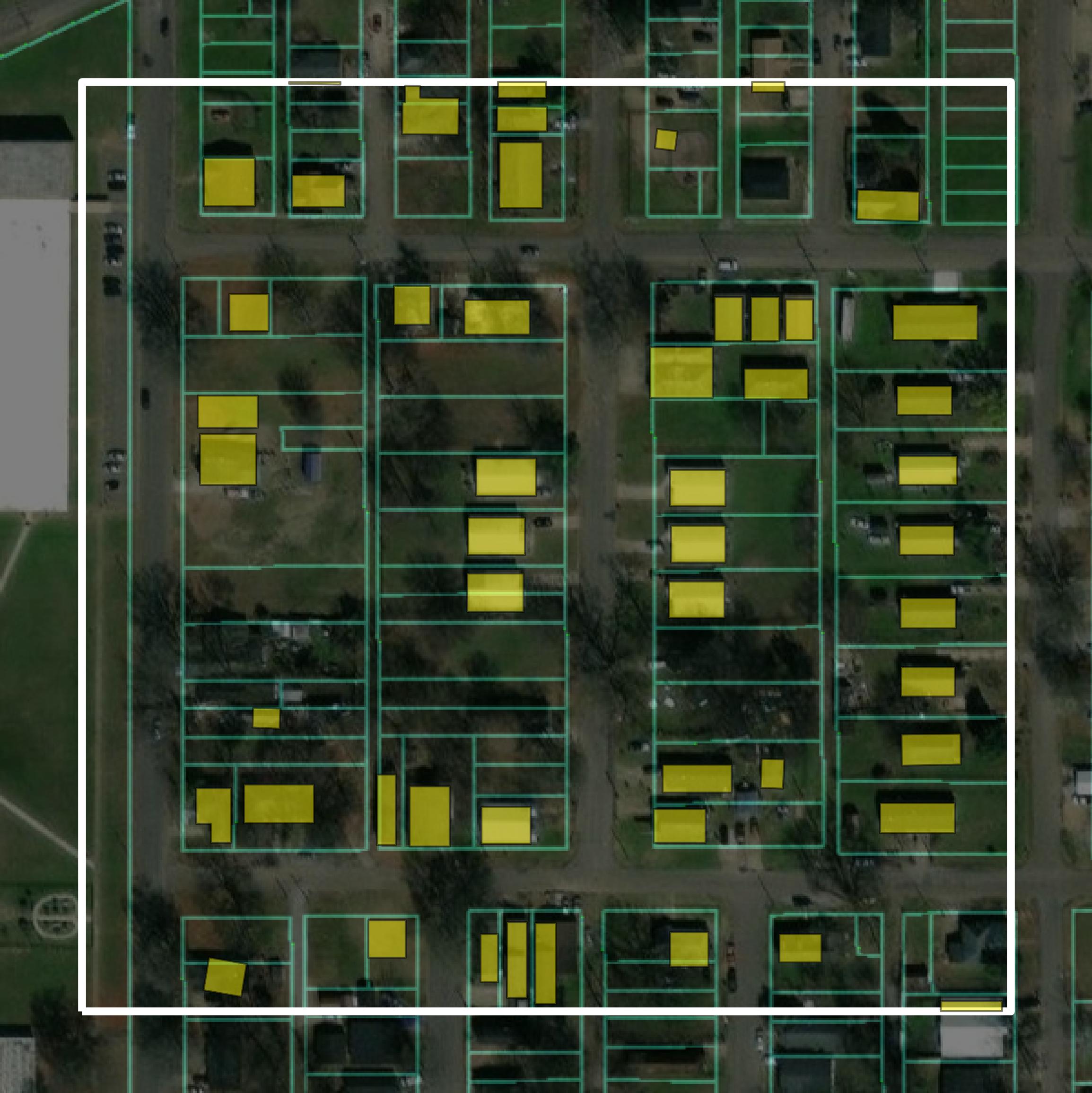 This image shows parcel and building data in Coahoma County created using GIS data in Equator.