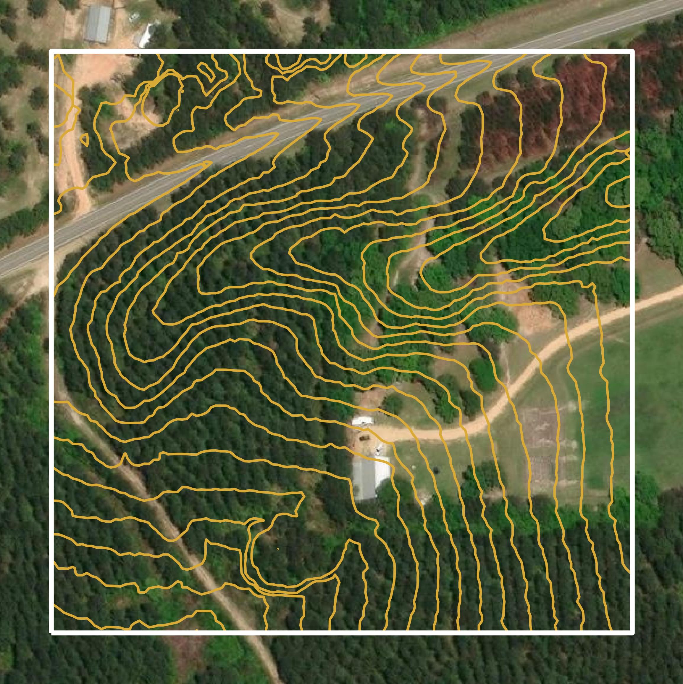 This image shows a contour map in Forrest County created using GIS data in Equator.