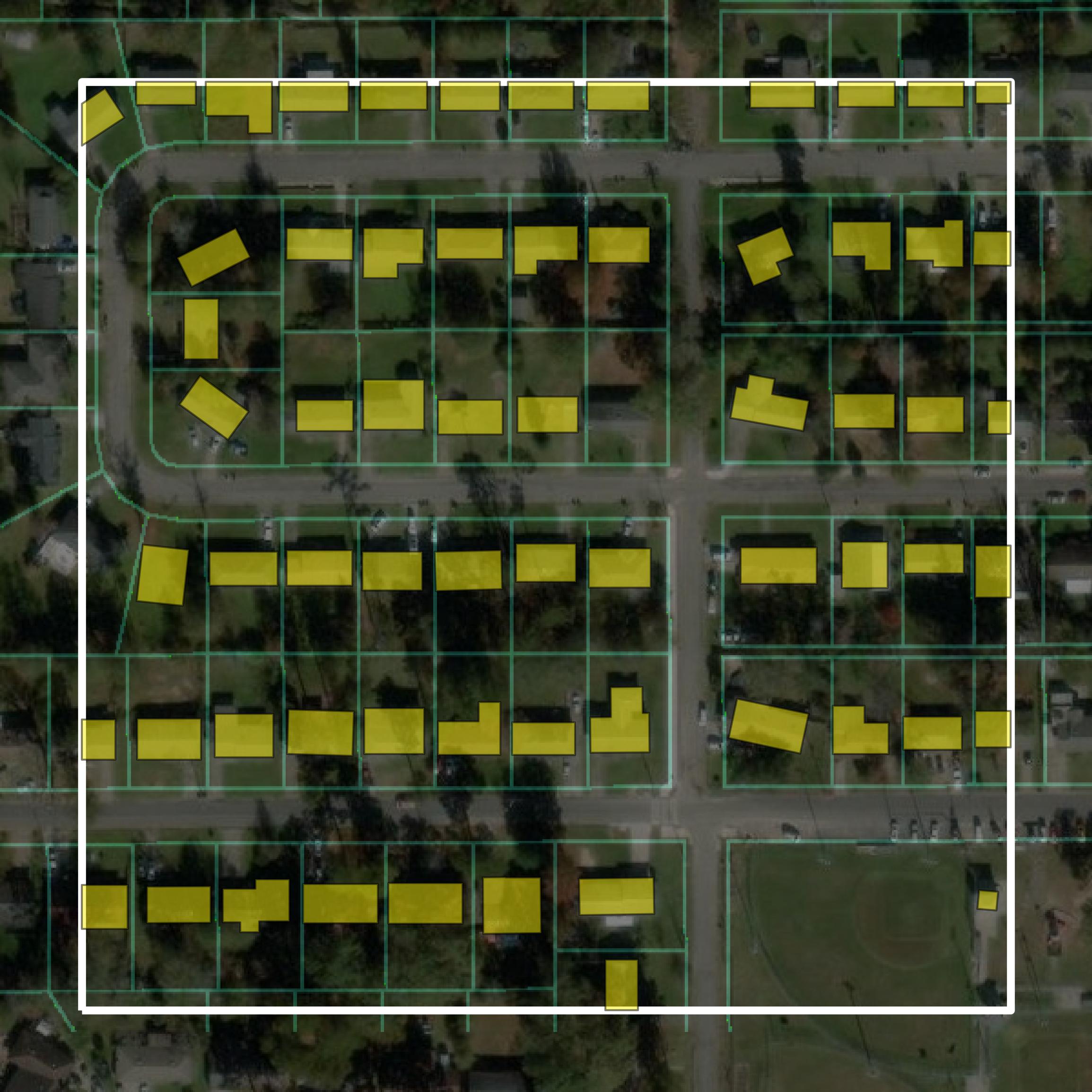 This image shows parcel and building data in Forrest County created using GIS data in Equator.