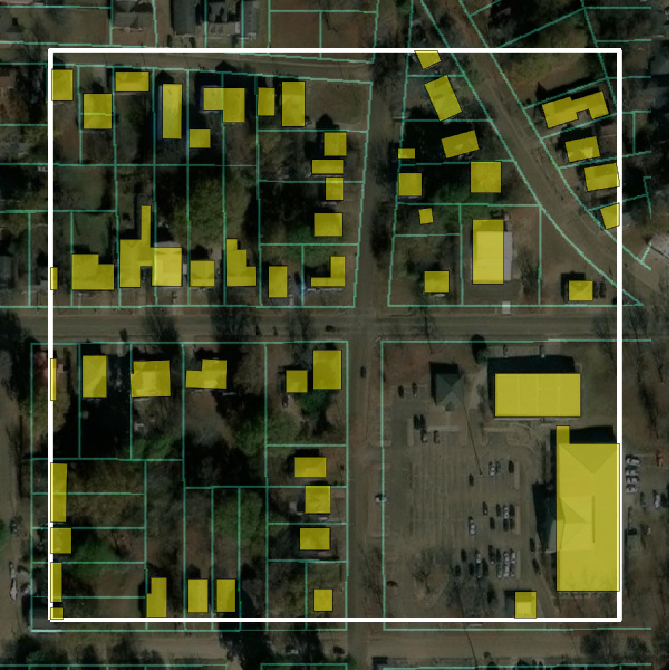 This image shows parcel and building data in Grenada County created using GIS data in Equator.