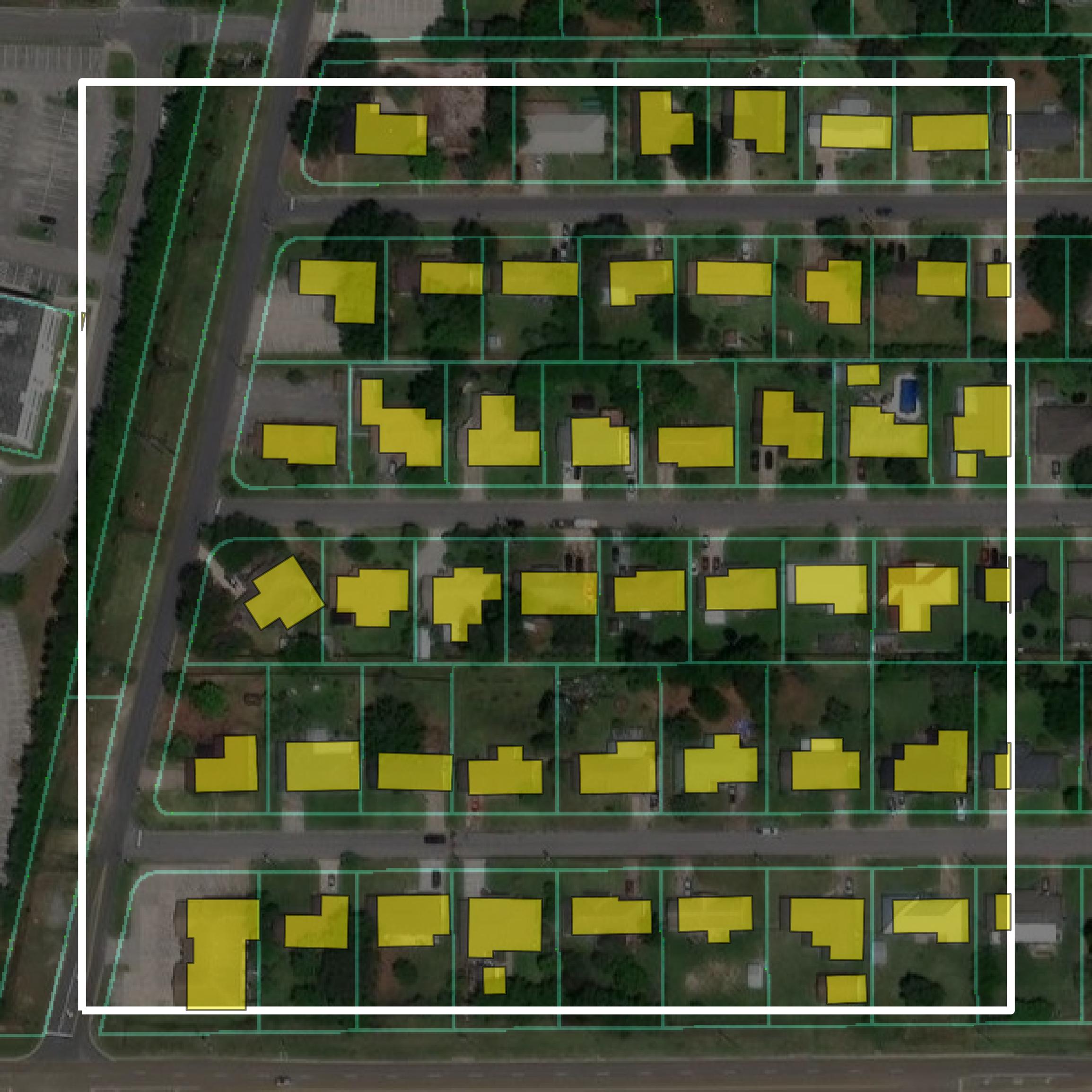 This image shows parcel and building data in Harrison County created using GIS data in Equator.