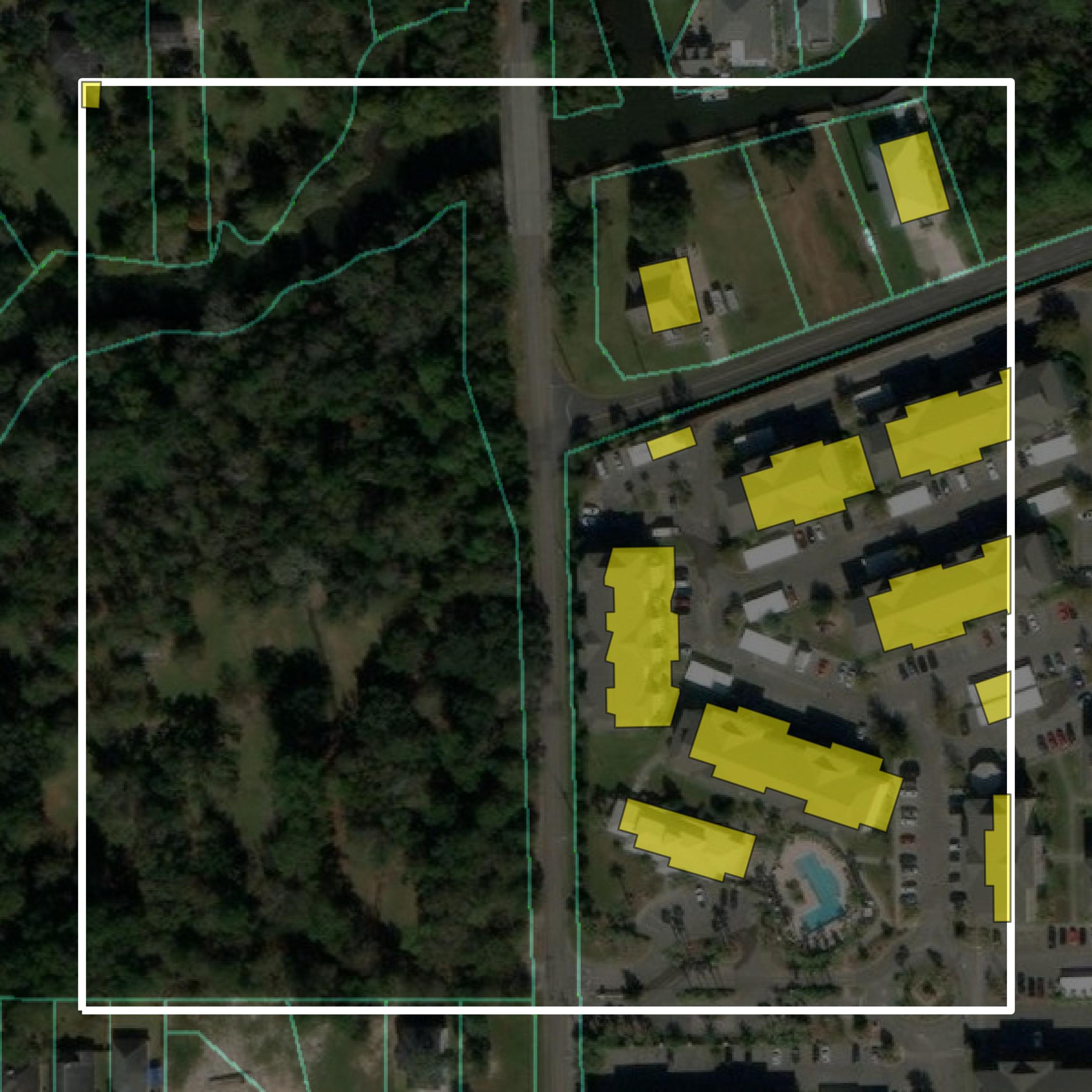This image shows parcel and building data in Harrison County created using GIS data in Equator.