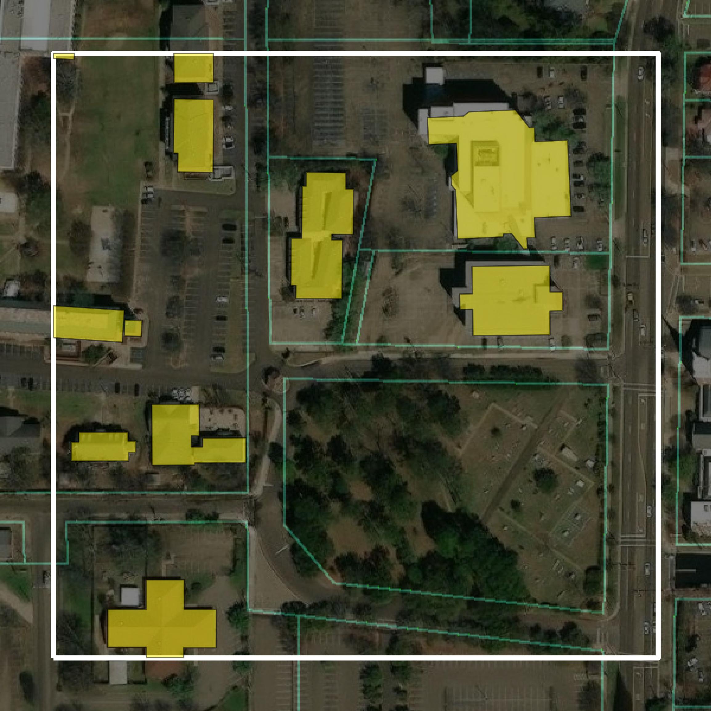 This image shows parcel and building data in Hinds County created using GIS data in Equator.