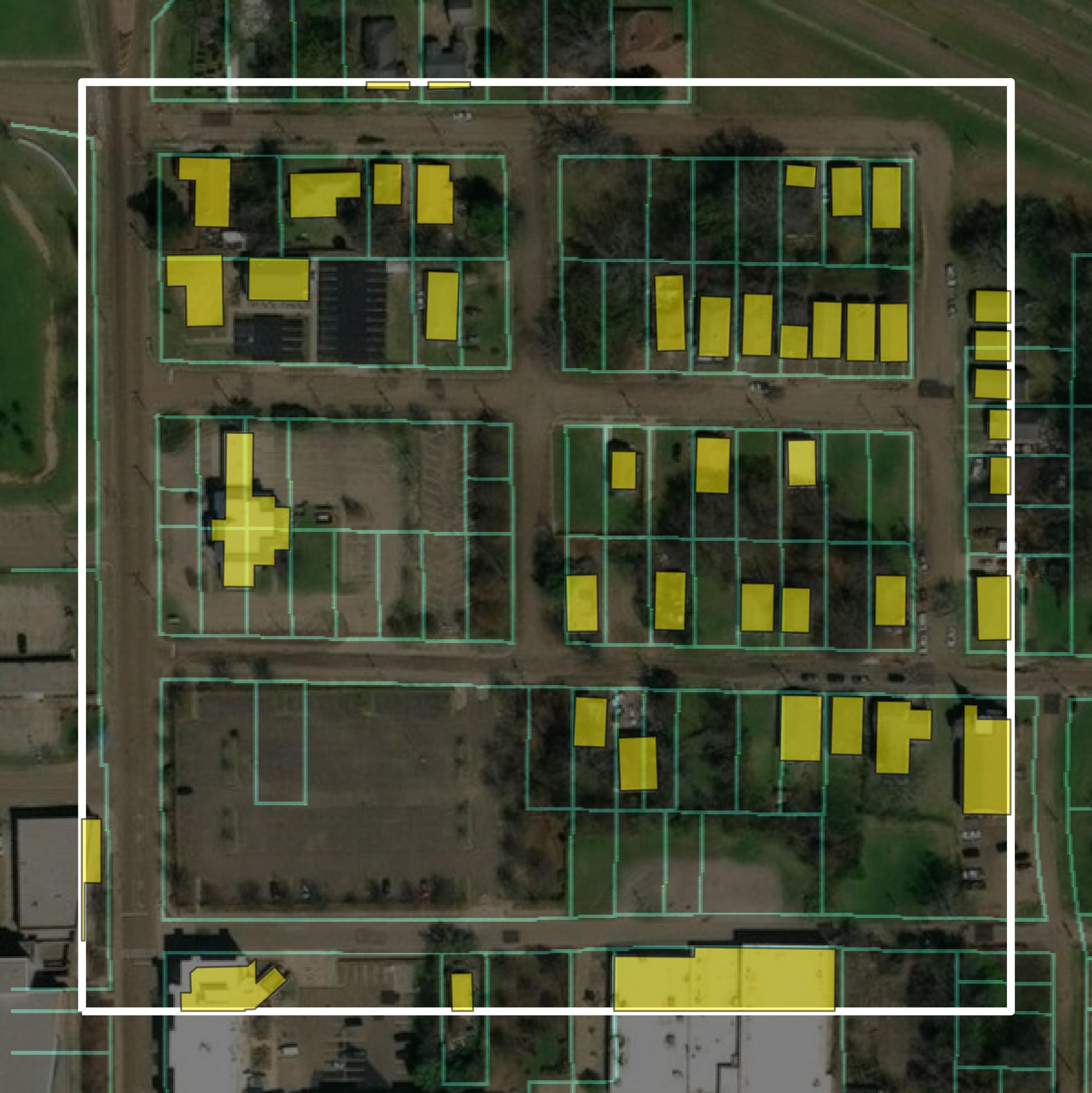 This image shows parcel and building data in Hinds County created using GIS data in Equator.